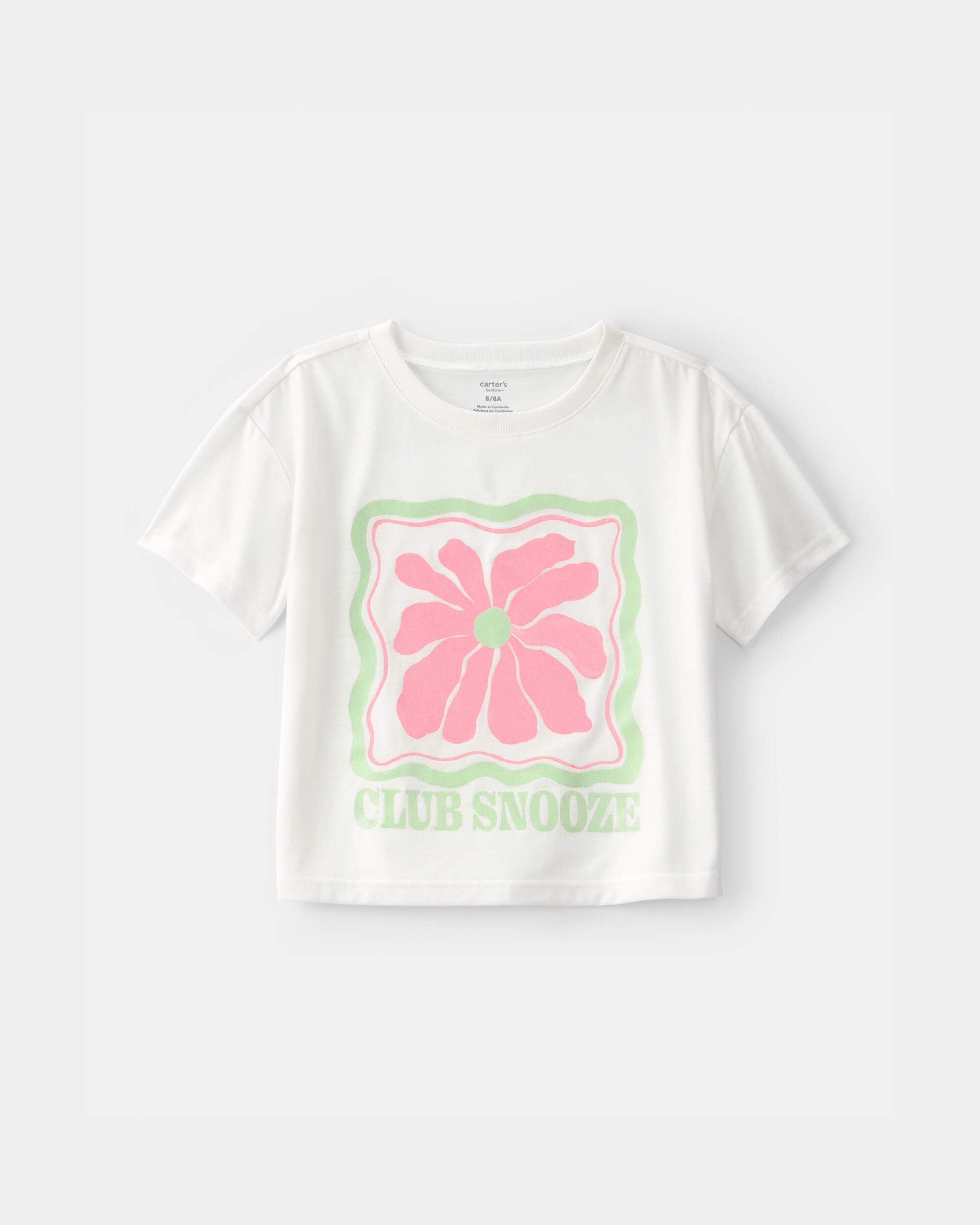 Girls Club Snooze' Flower Short-Sleeve Loose Fit 2-Piece Pyjama Set - Ivory/Green