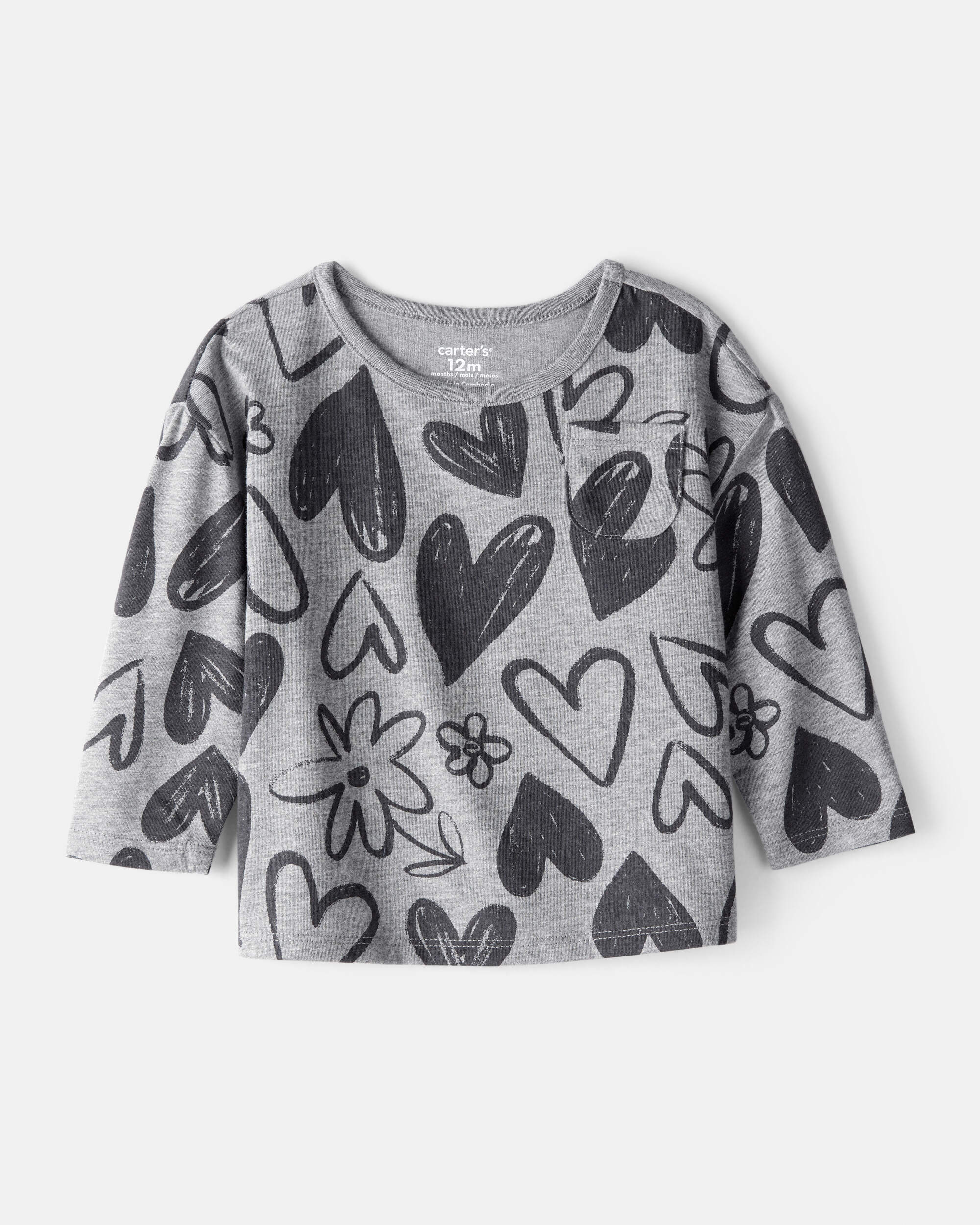 Baby Girl Heart Print Long-Sleeve Top - Grey