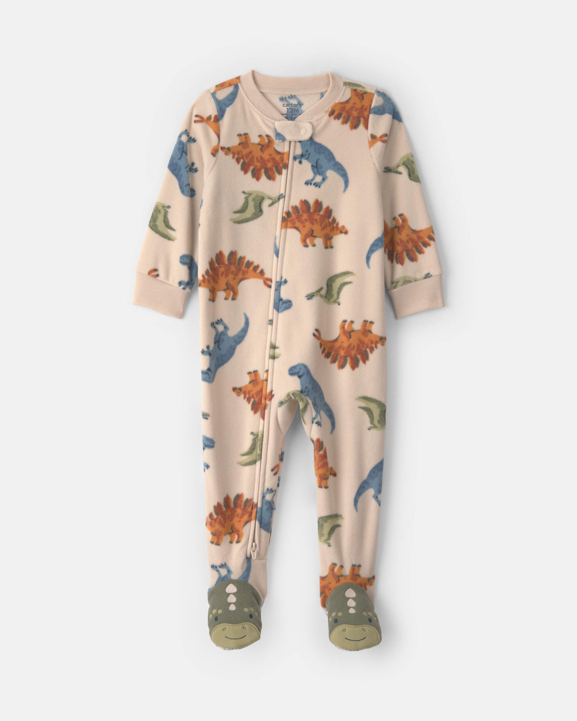 Baby Boy 1-Piece Dino 2-Way Zip Fleece Loose Fit Footed Pyjama - Tan