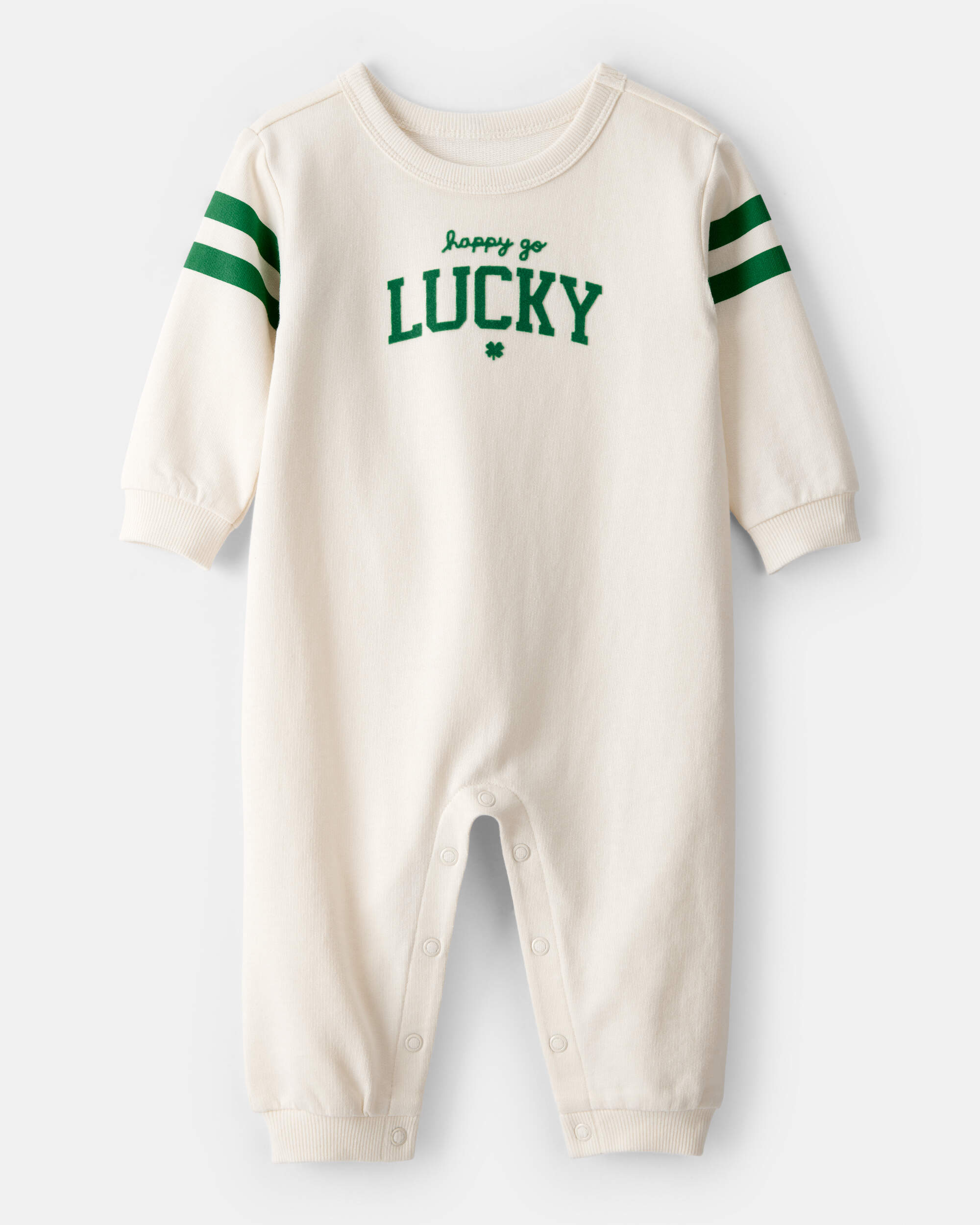 Baby St. Patrick's Day Lucky French Terry Long-Sleeve Jumpsuit - White