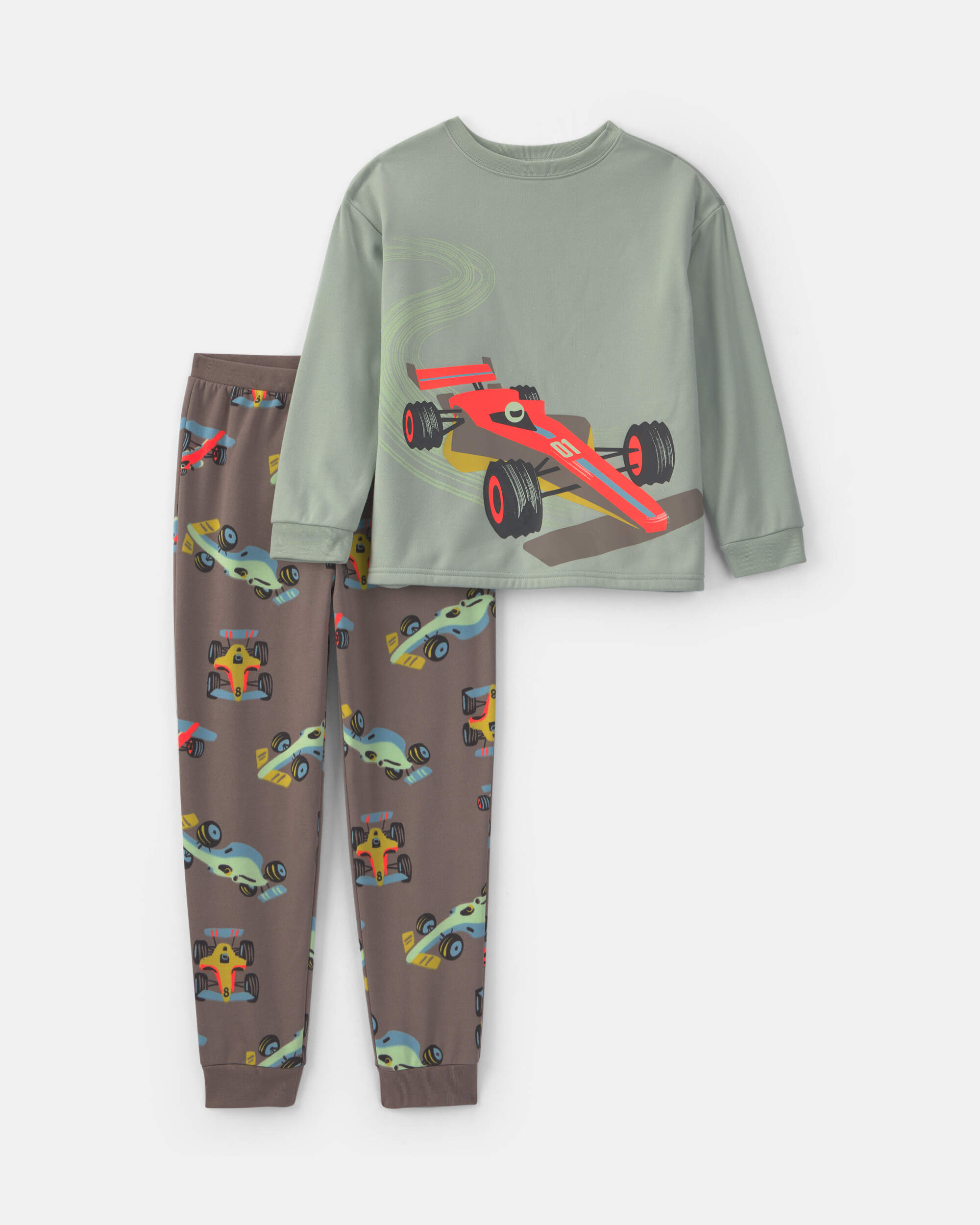 Boys 2-Piece Race Car Fleece Loose Fit Pyjama Set - Grey/Green