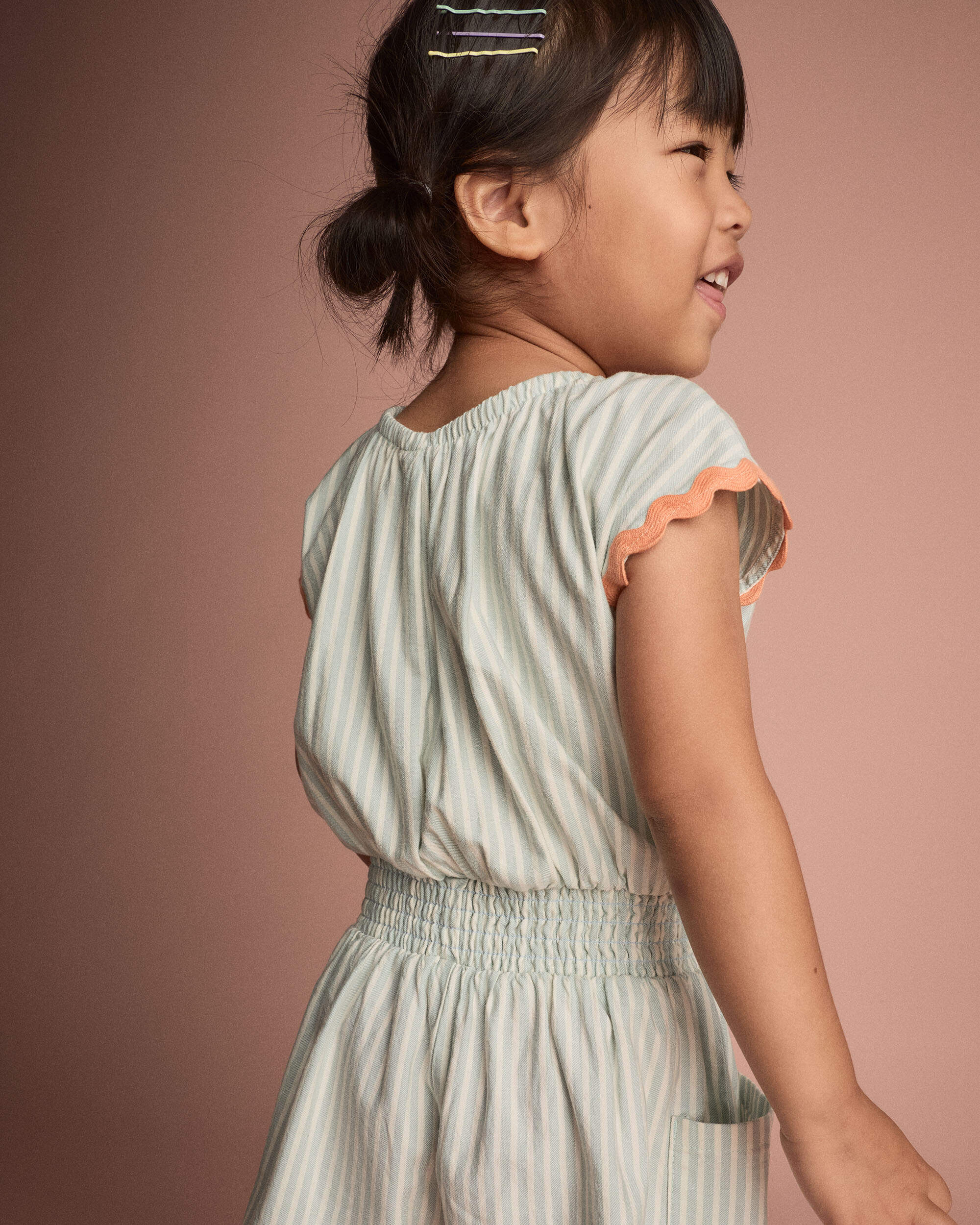 Toddler Girl Swing Romper with Pockets Stripes- Light Blue