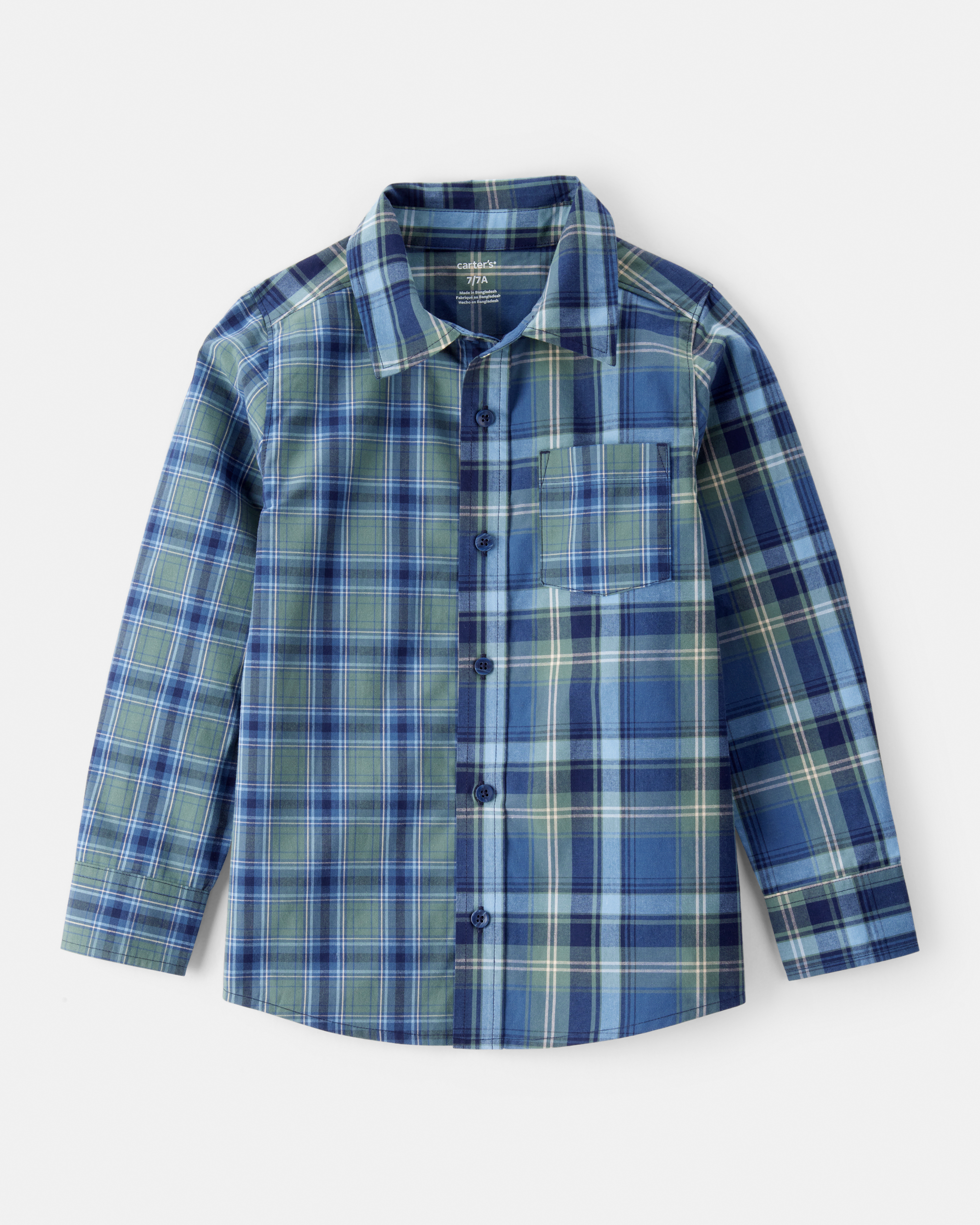 Boys Green Plaid Button-Front Shirt
