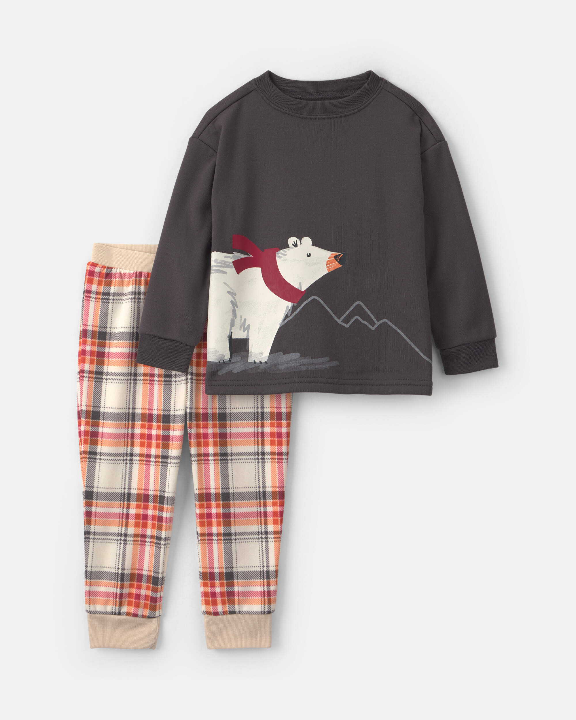 Toddler Boy 2-Piece Polar Bear Christmas Plaid Fleece Loose Fit Pyjama Set - Grey/Orange
