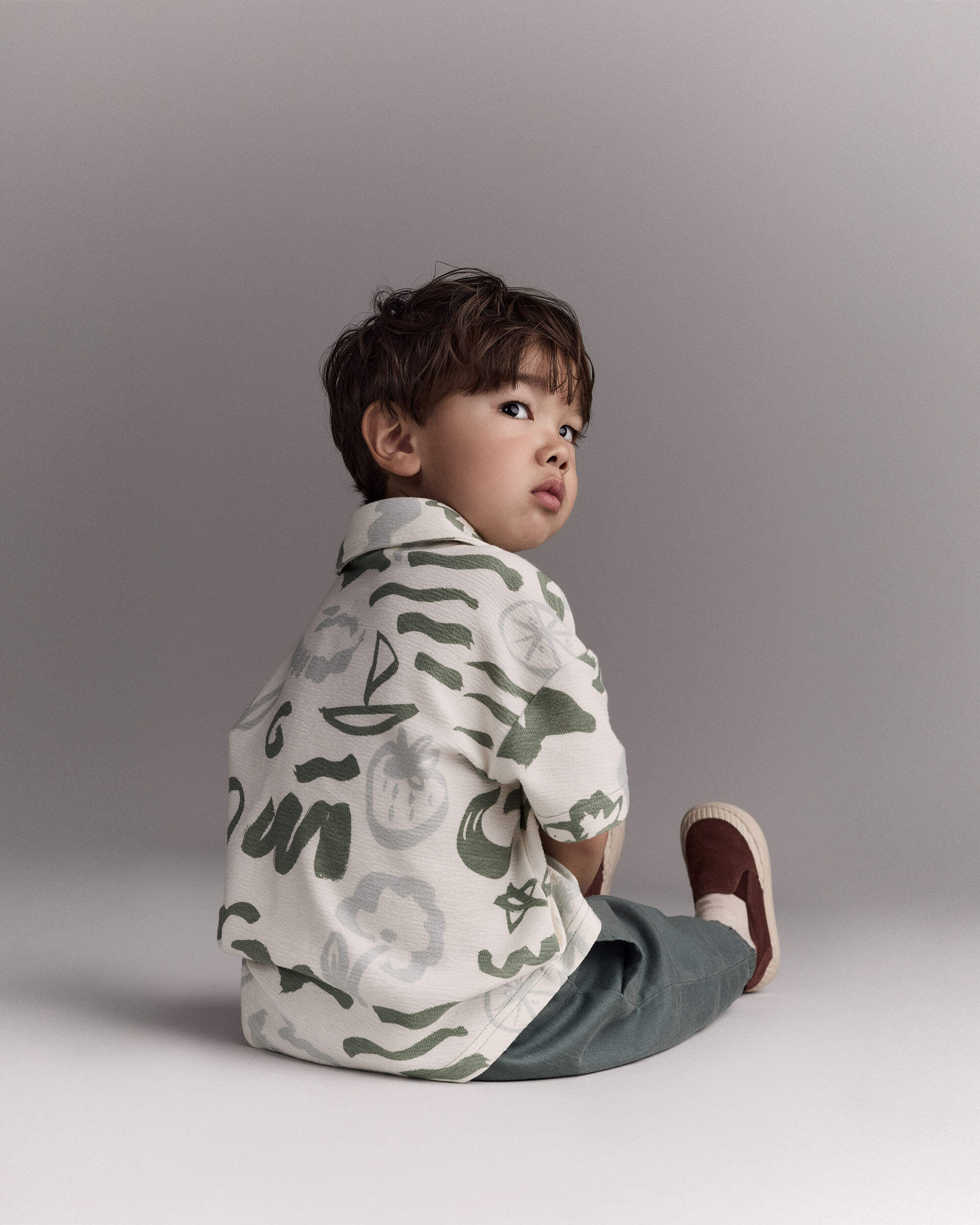 Toddler Boy Button-Down Short Sleeve Shirt Sailboat Print - Cream