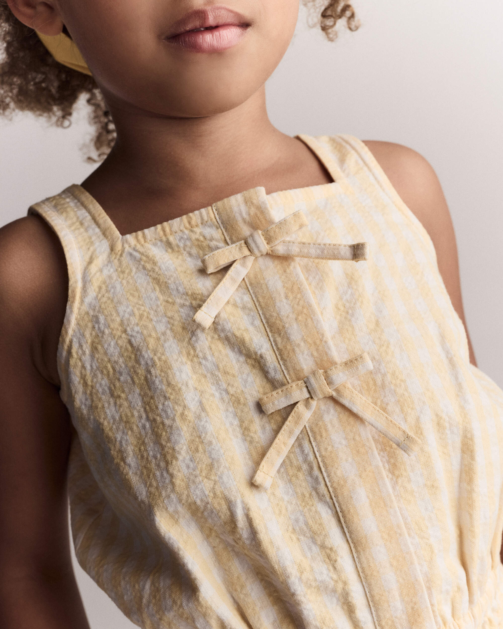 Toddler Girl Gingham Peplum Top with Bows - Yellow
