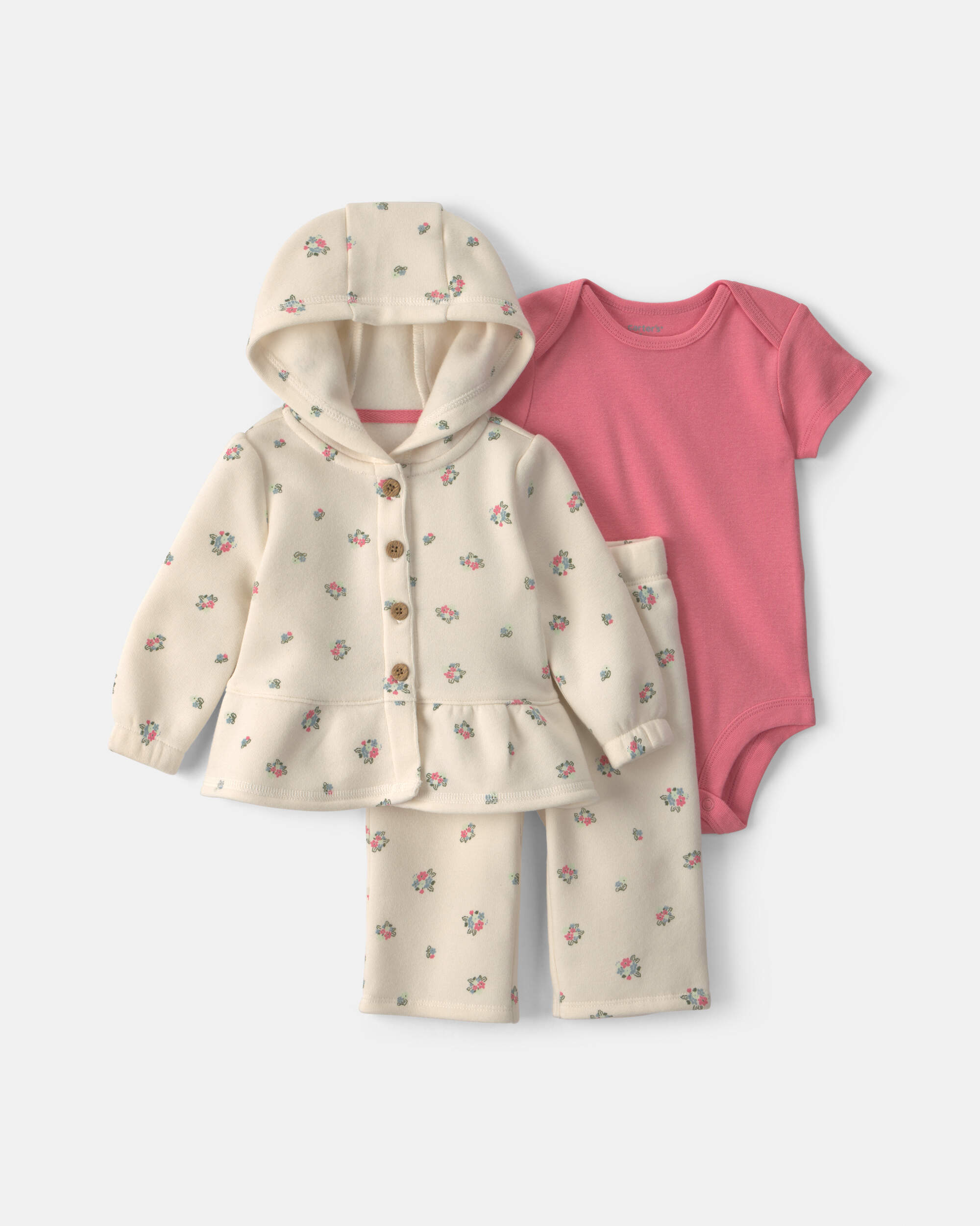 Baby Girl 3-Piece Floral Fleece Layering Set - Cream/Coral