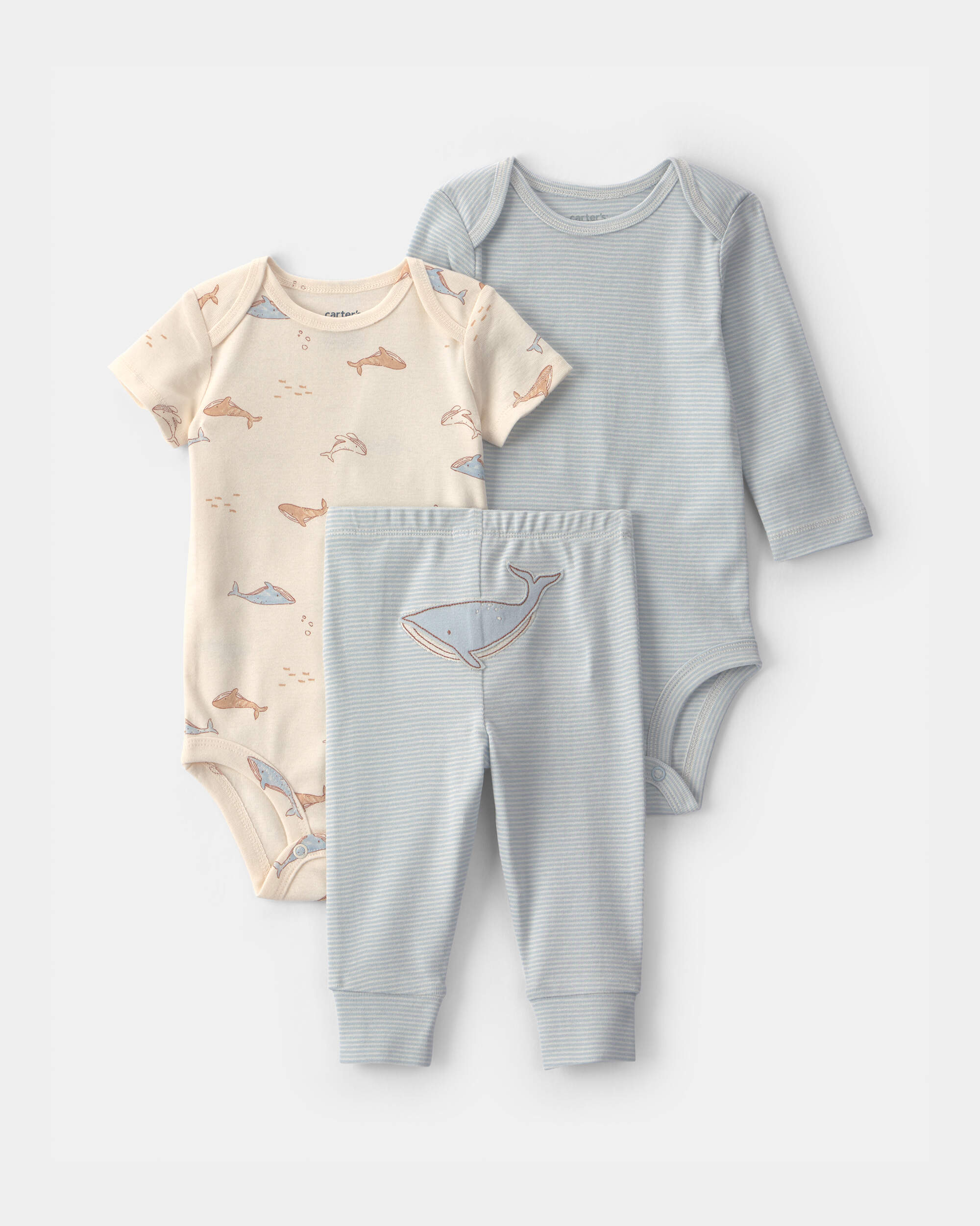 Baby 3-Piece Whale Bodysuit & Pant Set - Blue/Ivory