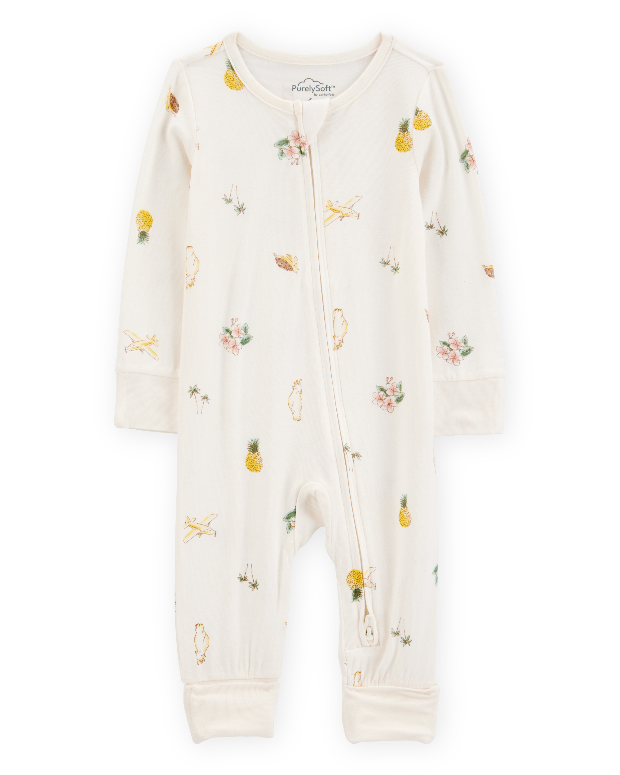 Baby Tropical Print 2-Way Zip PurelySoft Convertible Foot Sleeper Pyjamas - Ivory