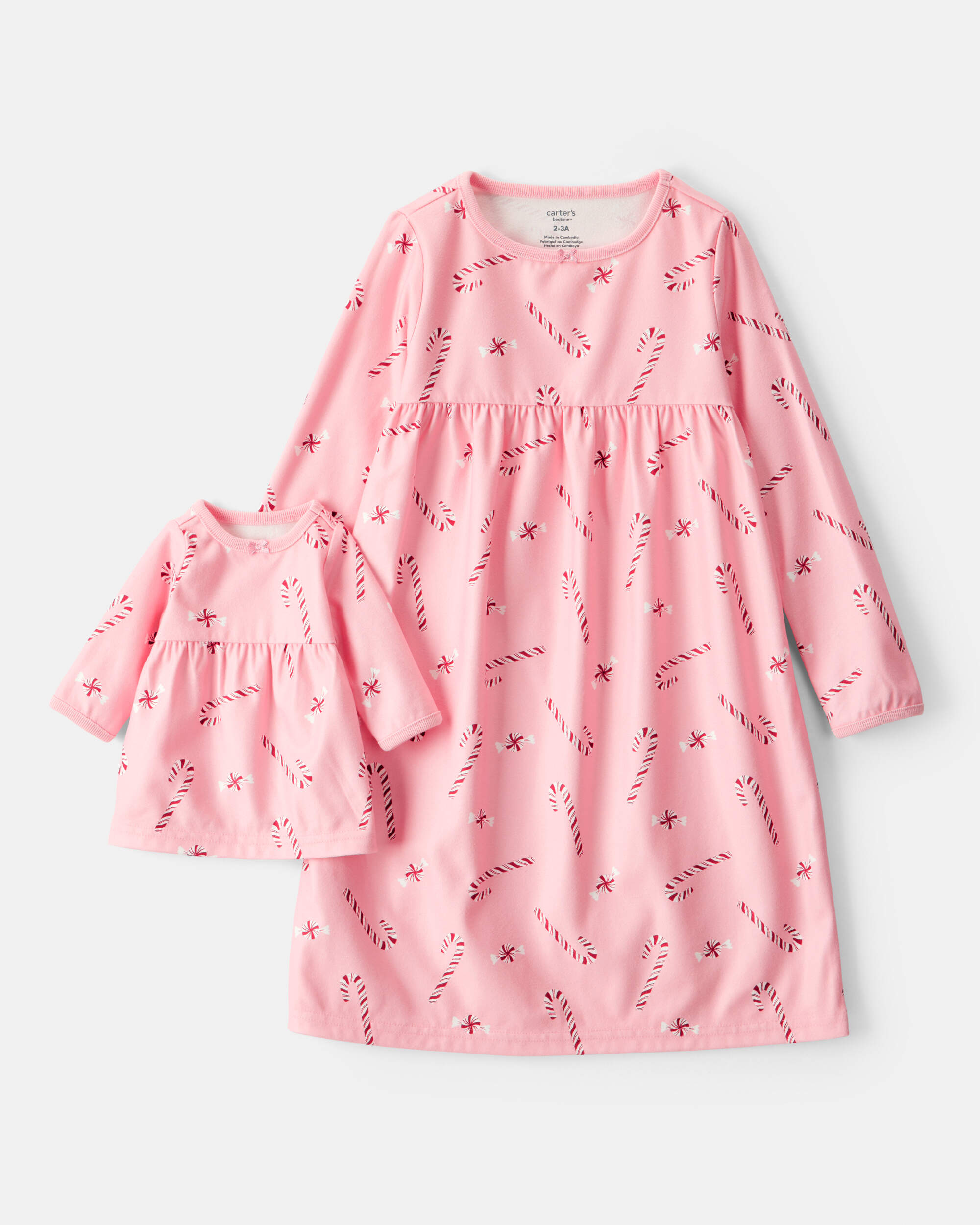 Girls 2-Piece Pink Peppermints Long-Sleeve Loose Fit Night Gown & Matching Doll