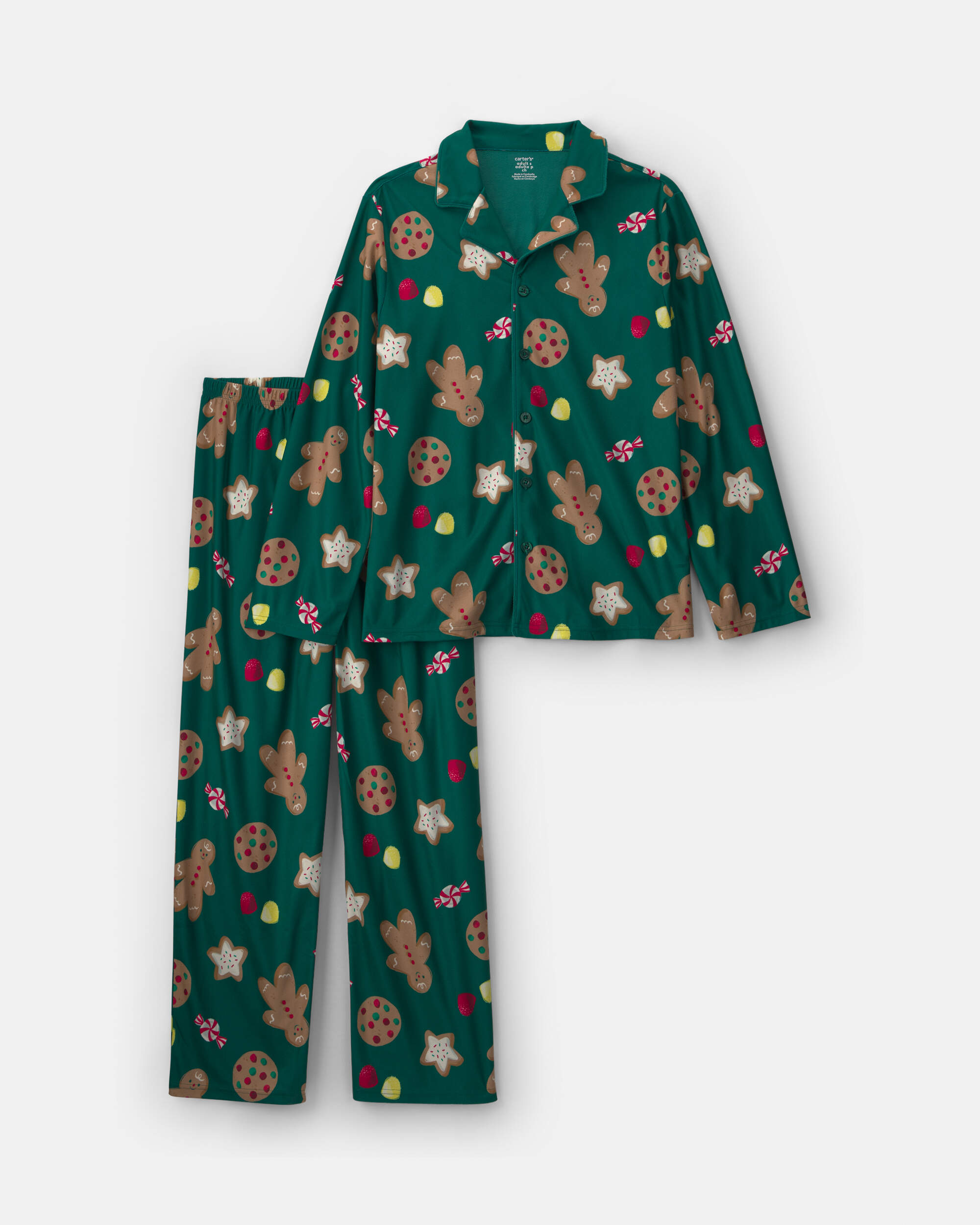 Adult 2-Piece Christmas Gingerbread Fleece Loose Fit Pyjama Set - Green