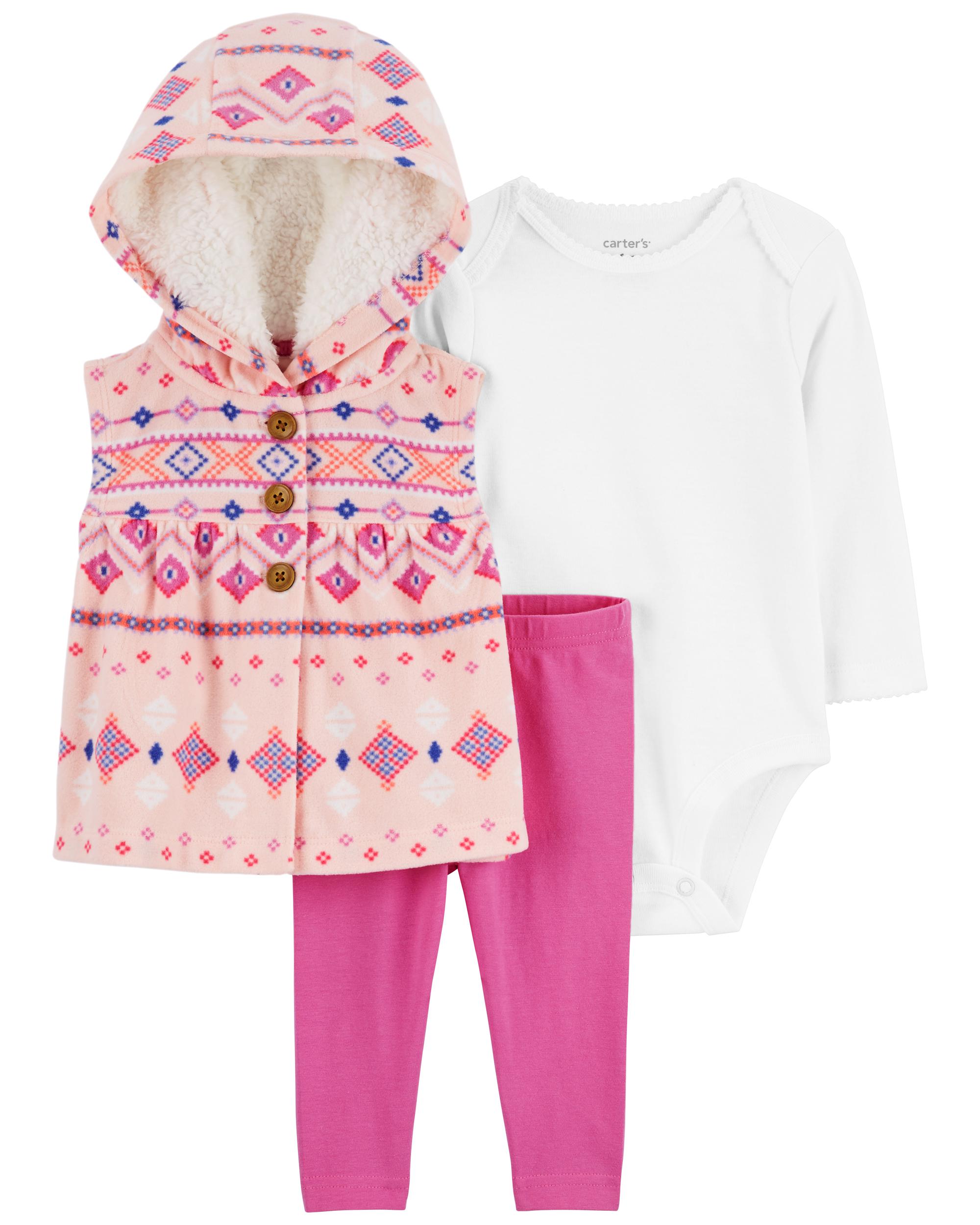 Pink/White 3-Piece Fair Isle Little Vest Set