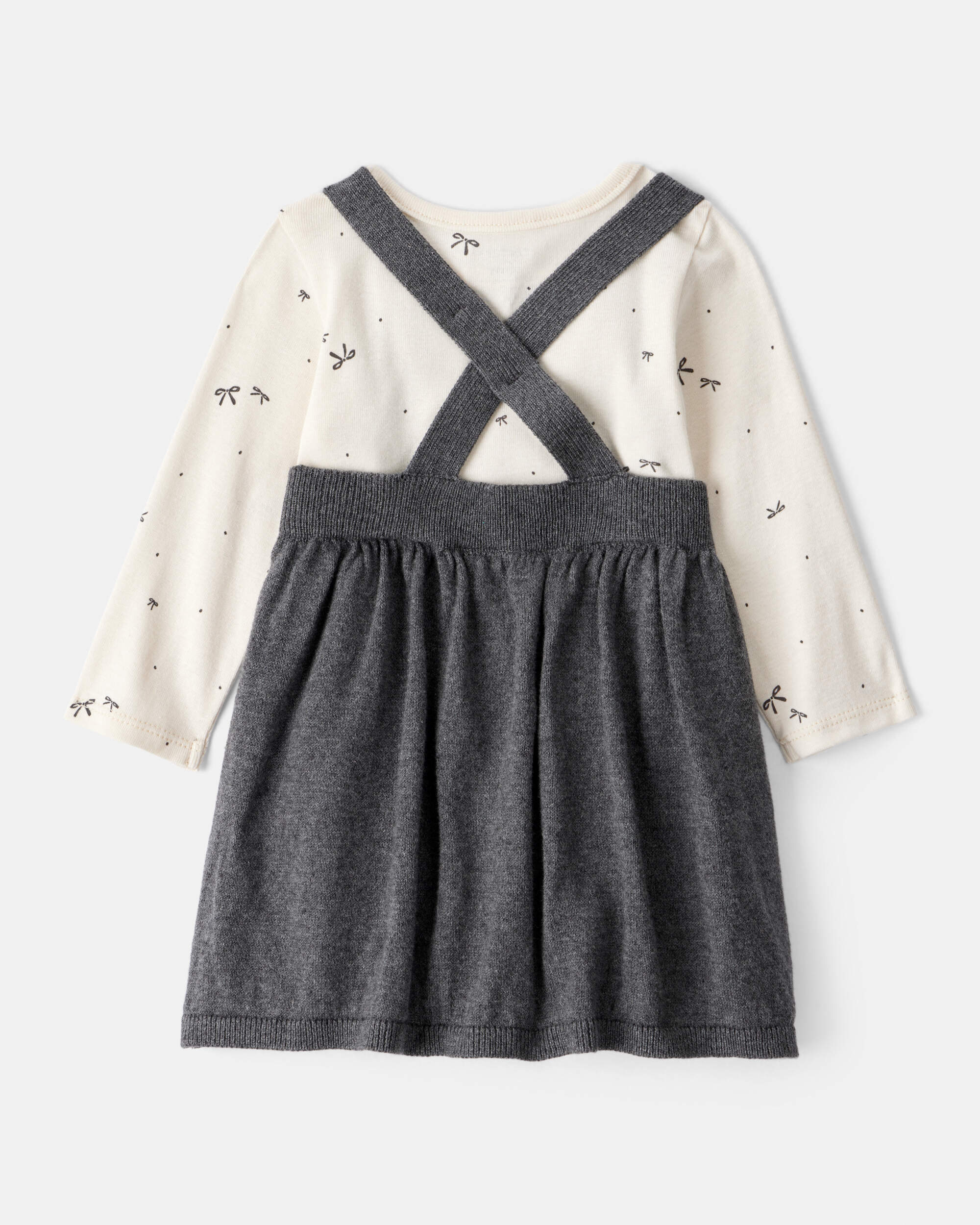 Baby Girl Bow Print Cotton Long-Sleeve Dress Set - White/Grey