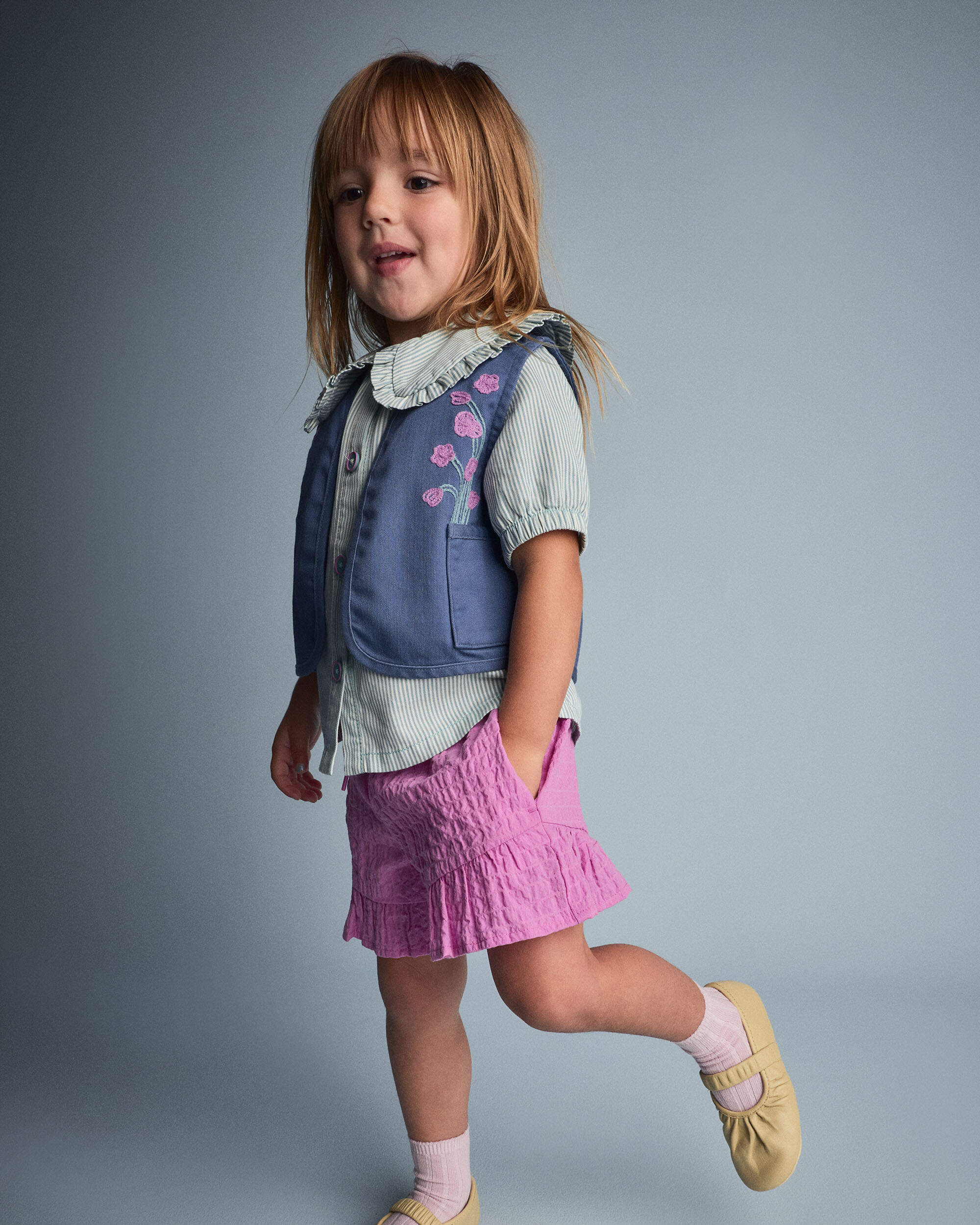 Toddler Girl Embroidered Cropped Vest with Otter Pockets - Slate Blue