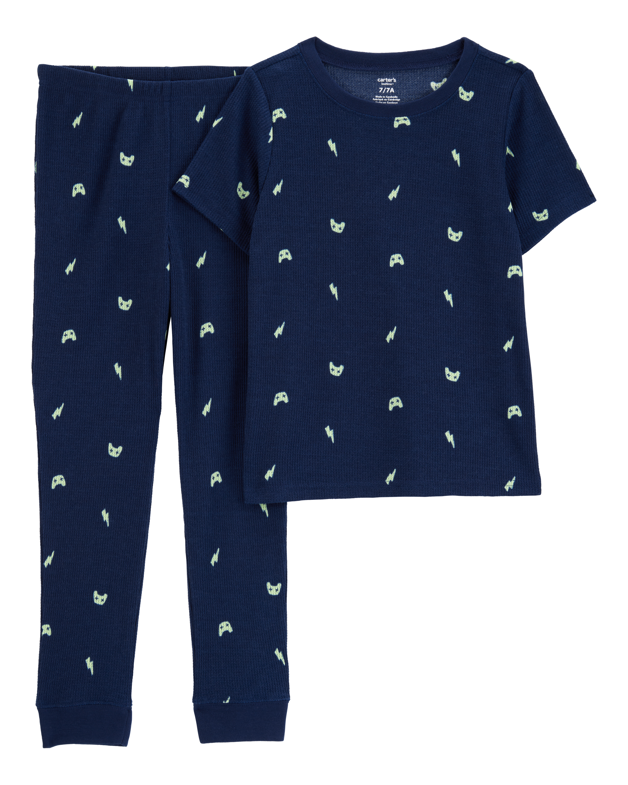 Kid Gamer Print Loose Fit Waffle Knit 2-Piece Pyjamas - Navy