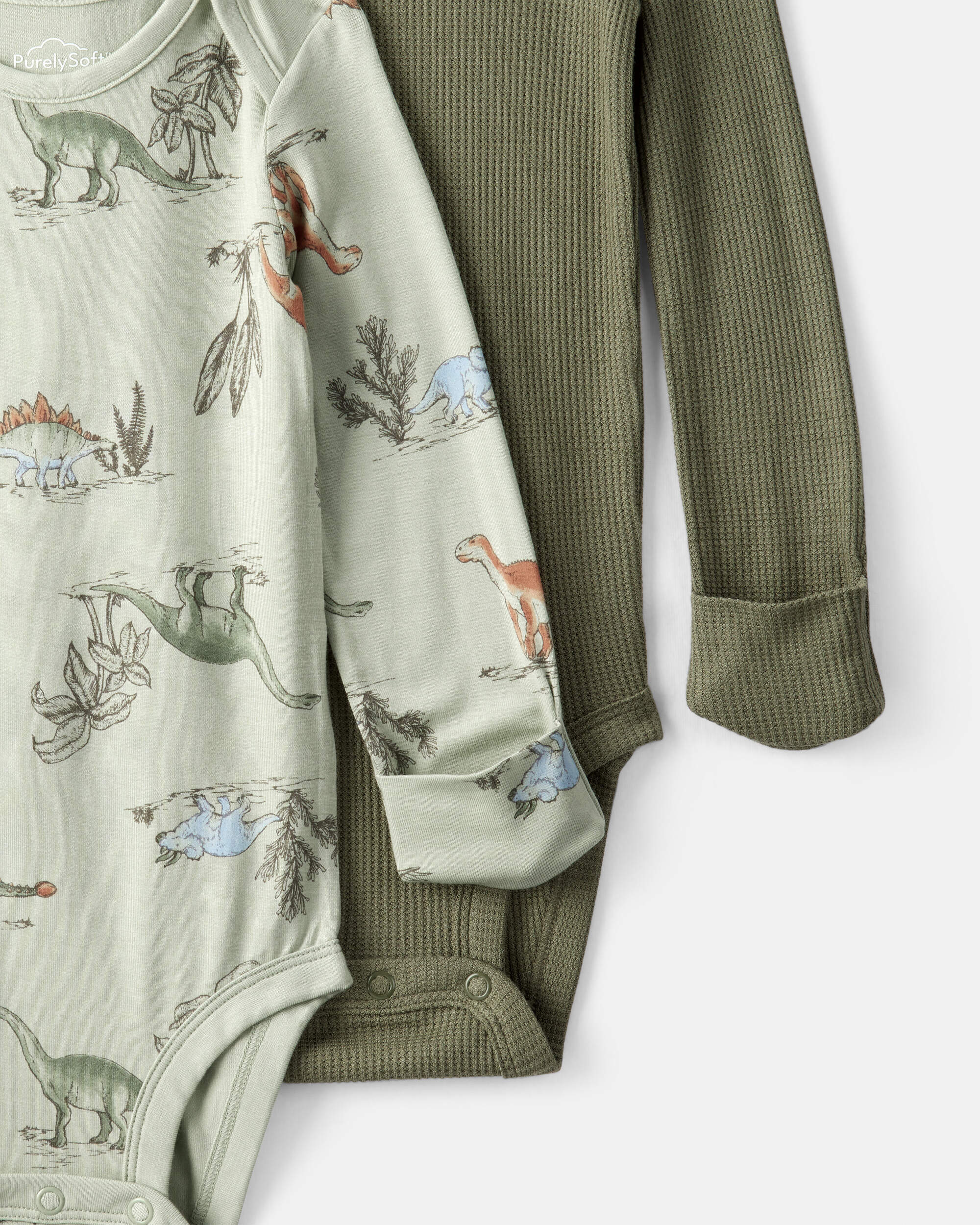 Baby Boy 2-Pack Dinosaur Print PurelySoft Long-Sleeve Multipack Bodysuits - Green