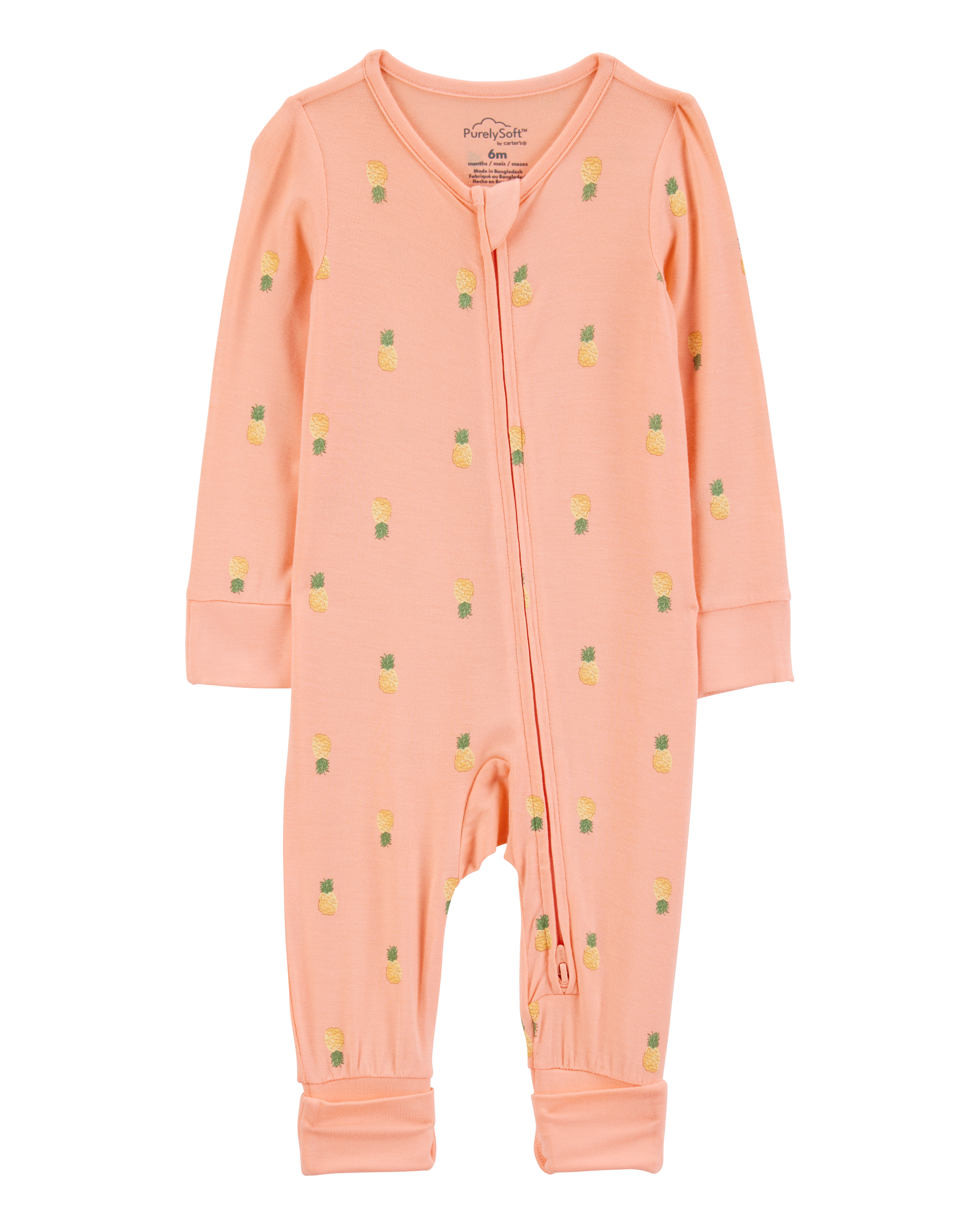 Baby Girl Pineapple Print 2-Way Zip PurelySoft Convertible Foot Sleeper Pyjamas - Coral