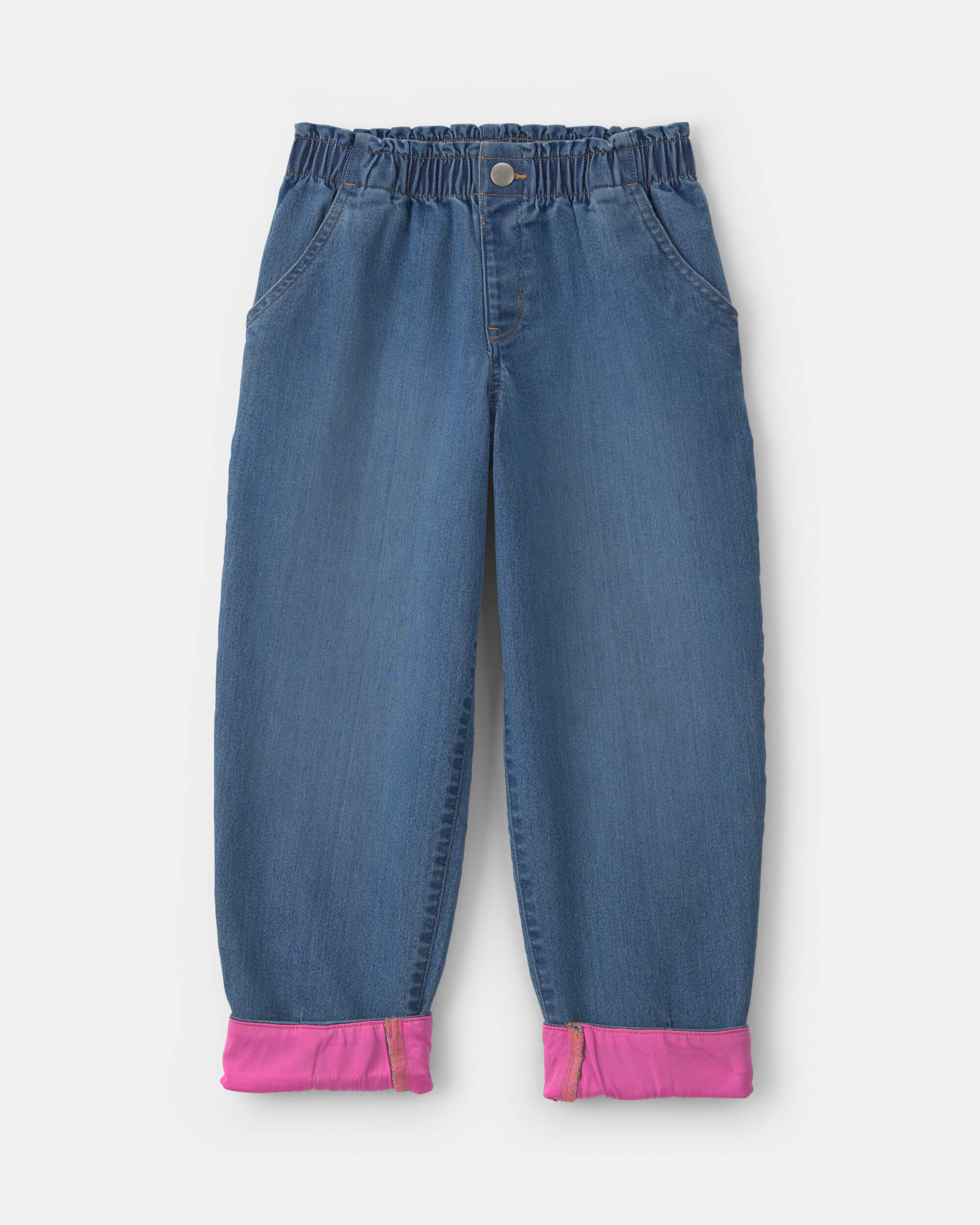 Girls Medium Wash Denim Cuffed Jeans - Blue/Pink