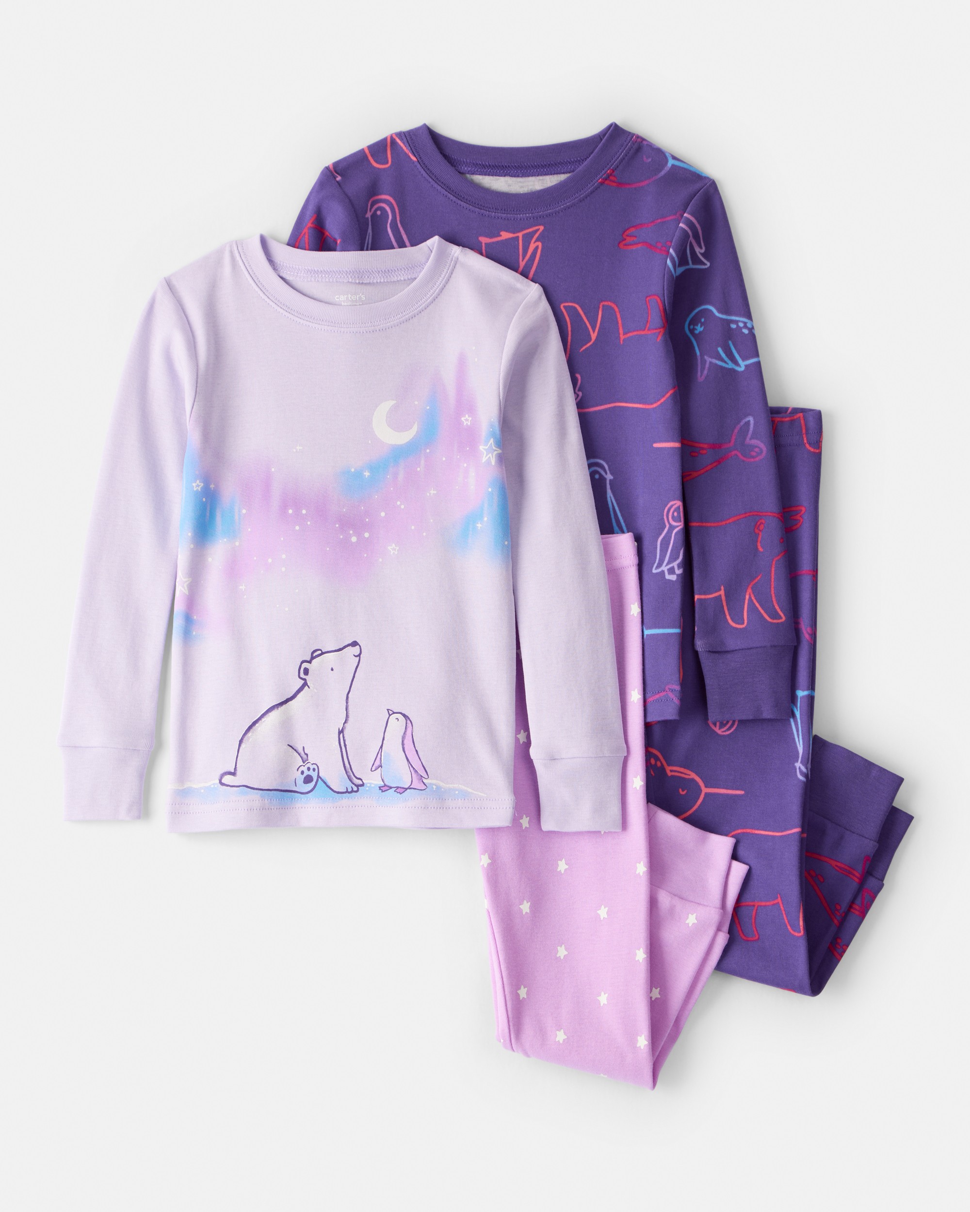 Toddler Girl Polar Bear & Penguin 100% Cotton Snug Fit 4-Piece Pyjamass - Purple