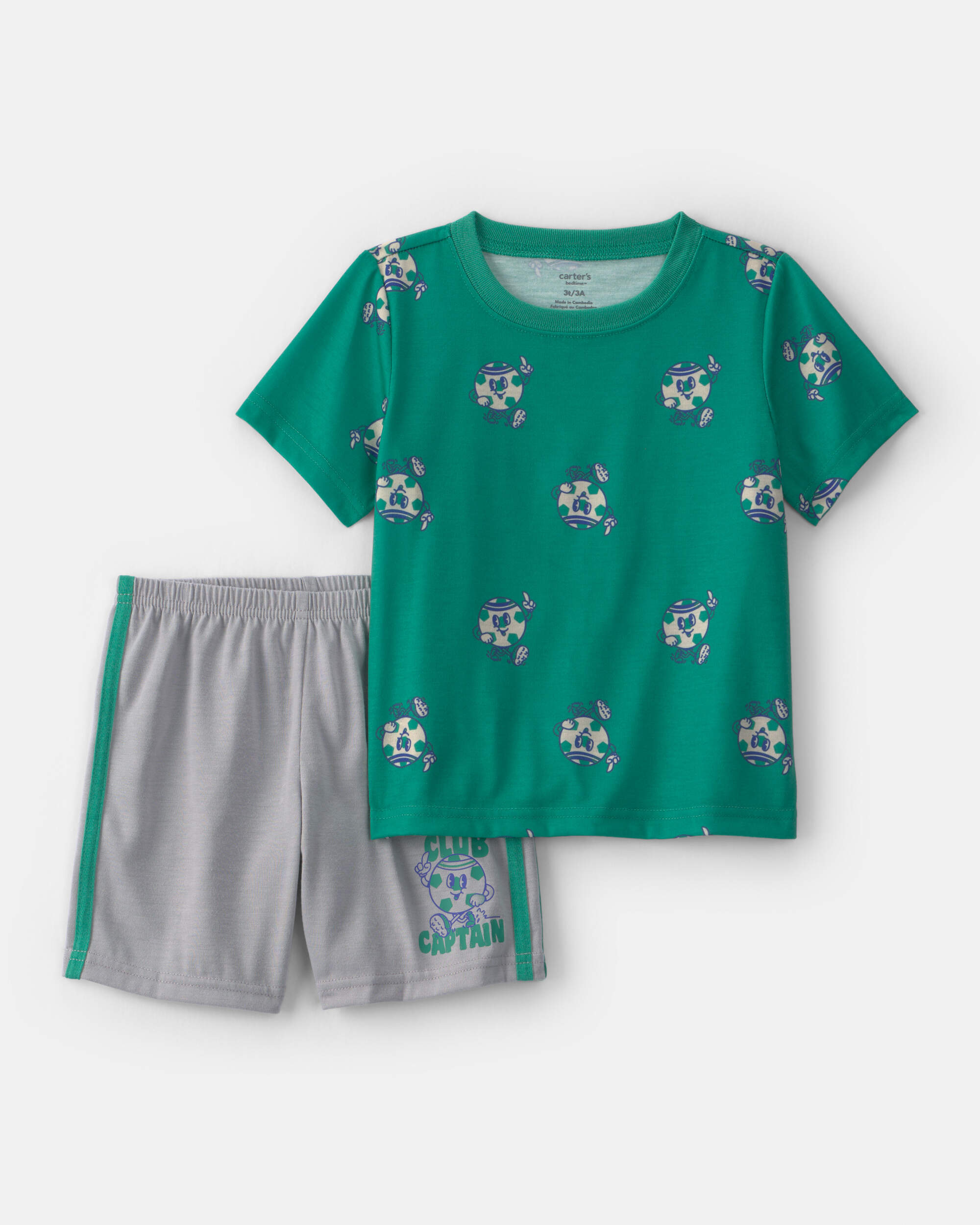 Toddler Boy Soccer Short-Sleeve Loose Fit 2-Piece Pyjama Set - Green/Grey