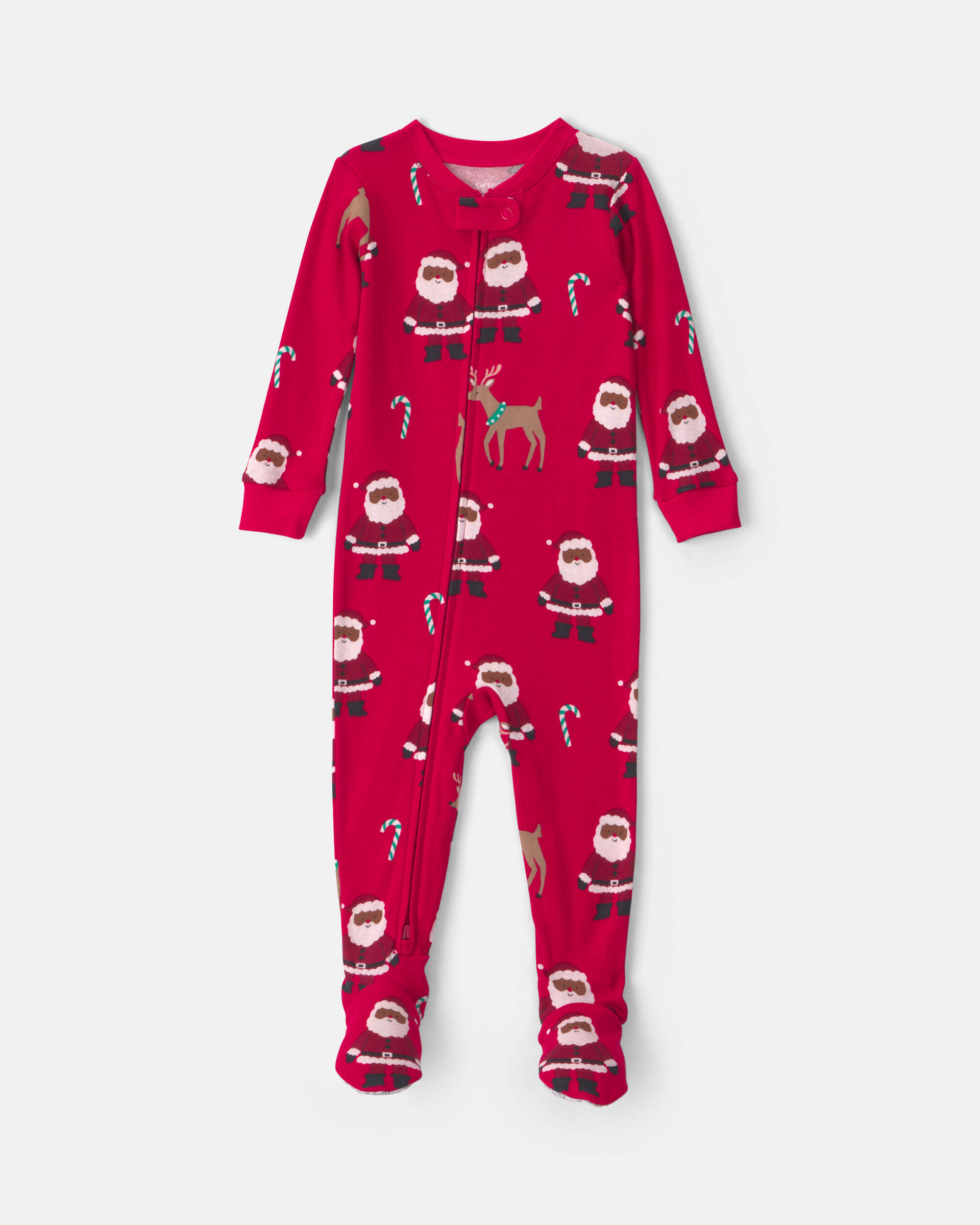 Baby 1-Piece Brown Santa Christmas 2-Way Zip 100% Cotton Snug Fit Footed Pyjama - Red