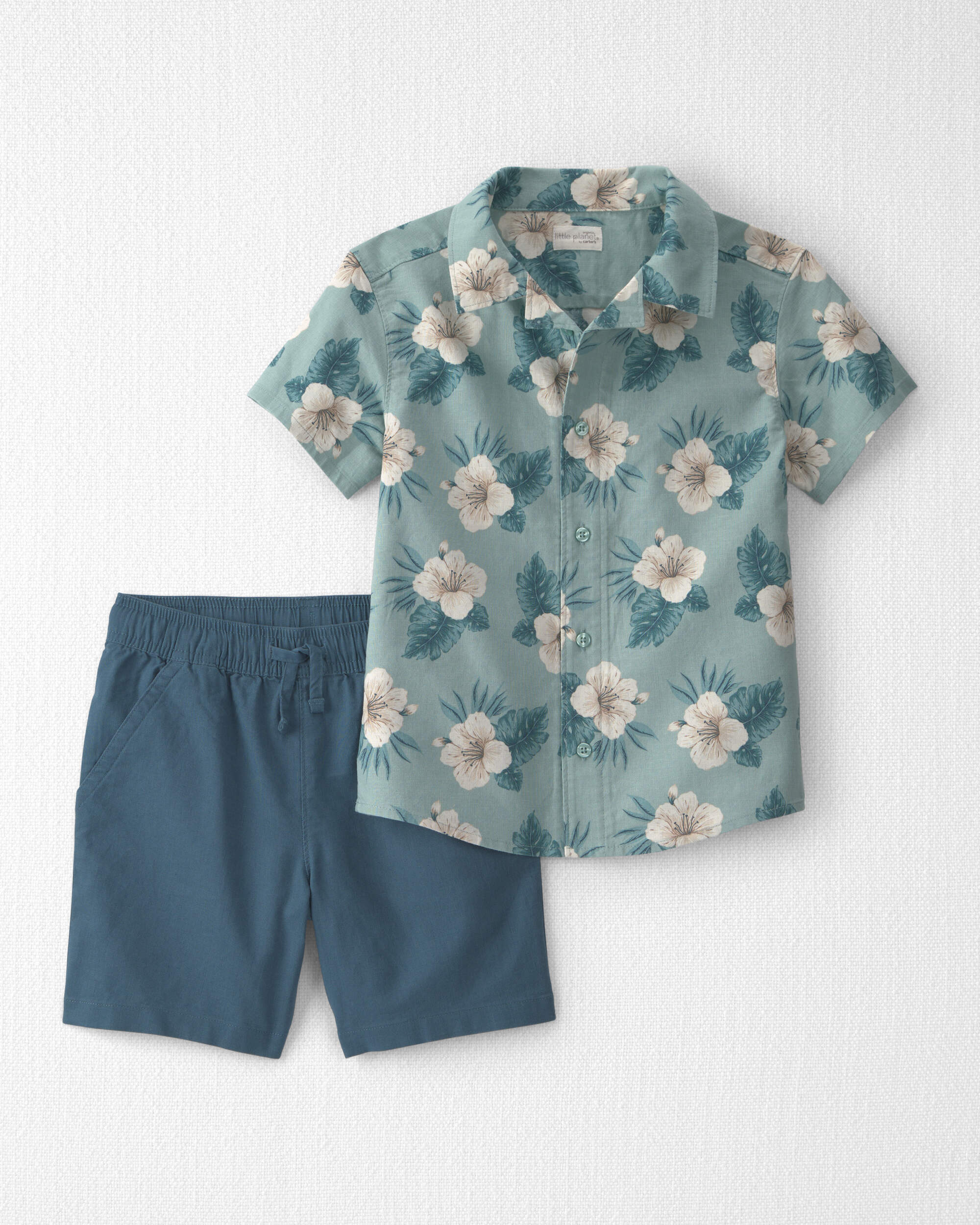 Boys 2-Piece Linen Top & Short Set Made with Organic Cotton Blue Hibiscus
