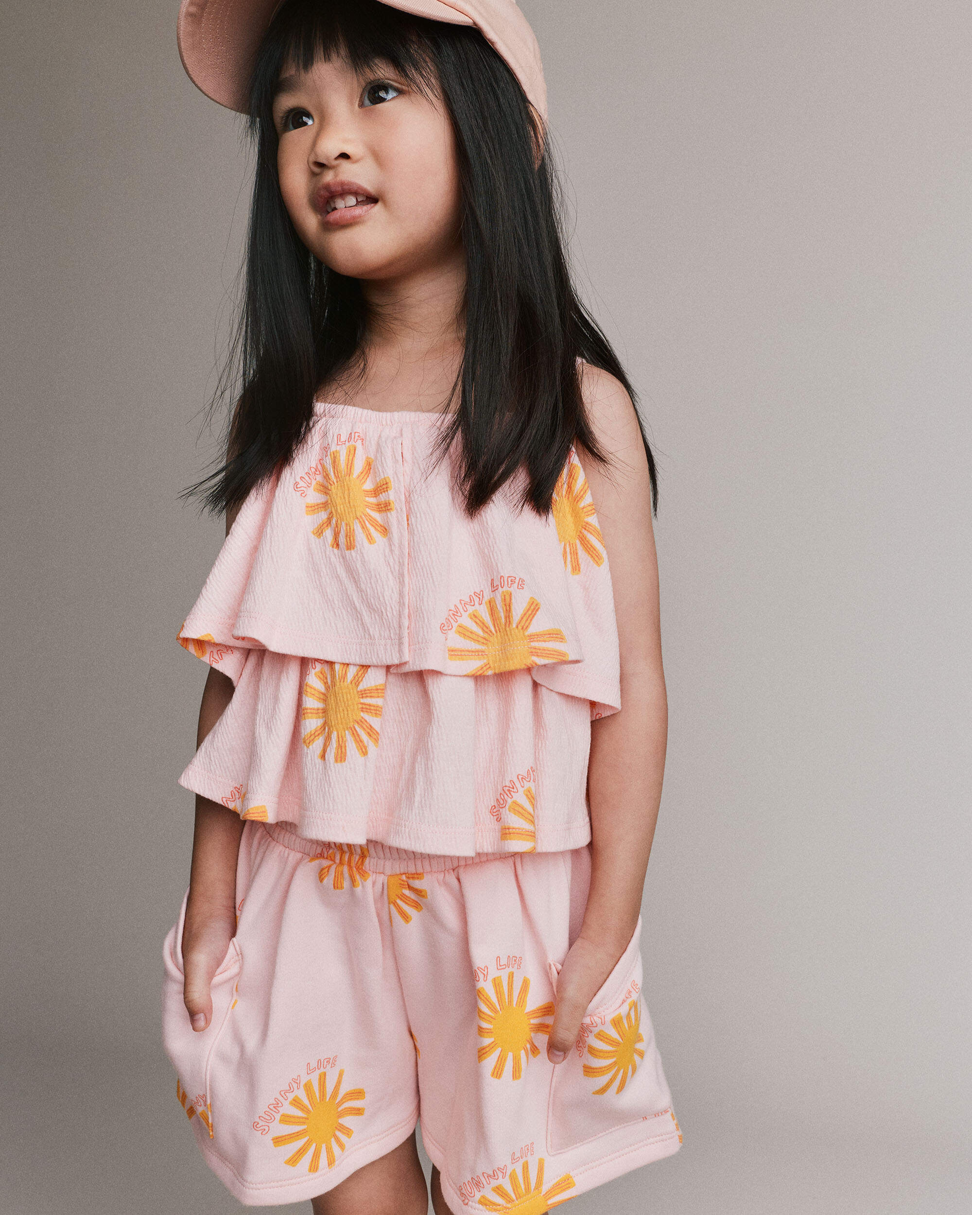 Toddler Girl Off Shoulder Flowy Top Sunny Life Print - Light Pink