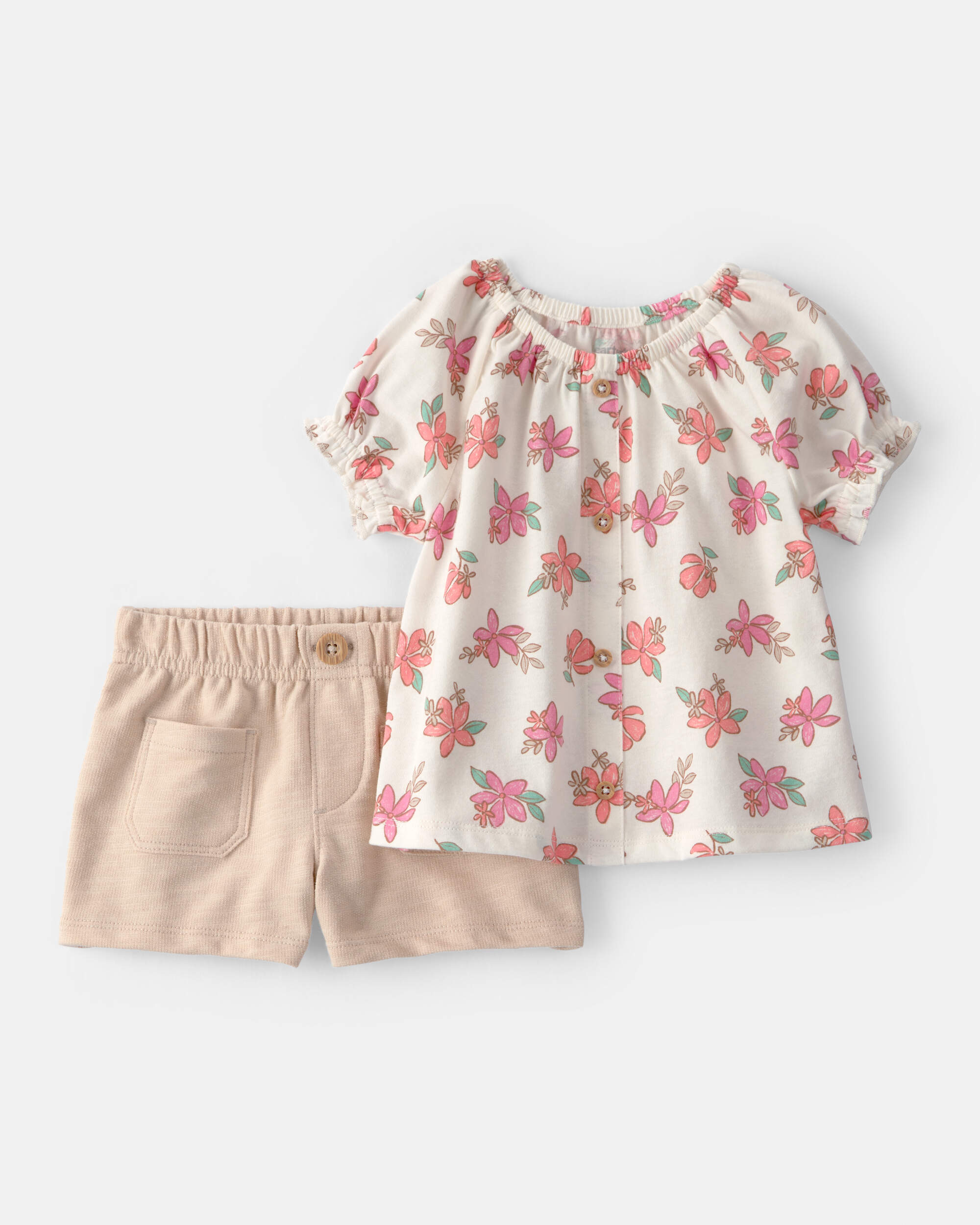 Baby Girl 2-Piece Floral Top & Short Set - Cream/Tan