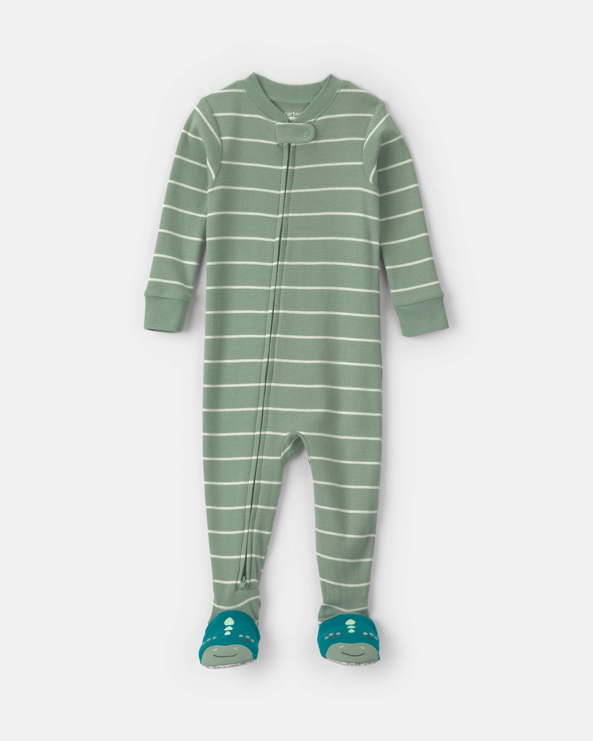 Toddler Boy 1-Piece Dino Striped 100% Cotton Snug Fit Footed Pyjama - Green