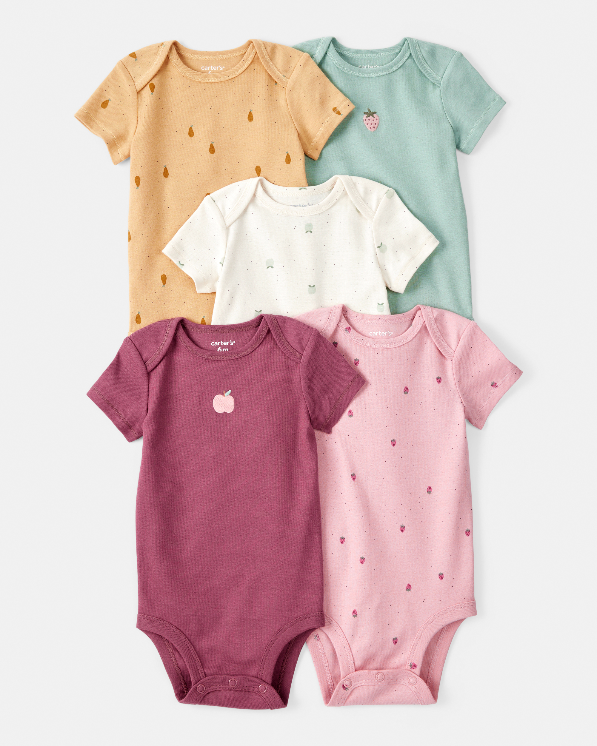 Baby Girl 5-Pack Fruit Print Cotton Multipack Bodysuits - Brown/Green/Pink/Red/White