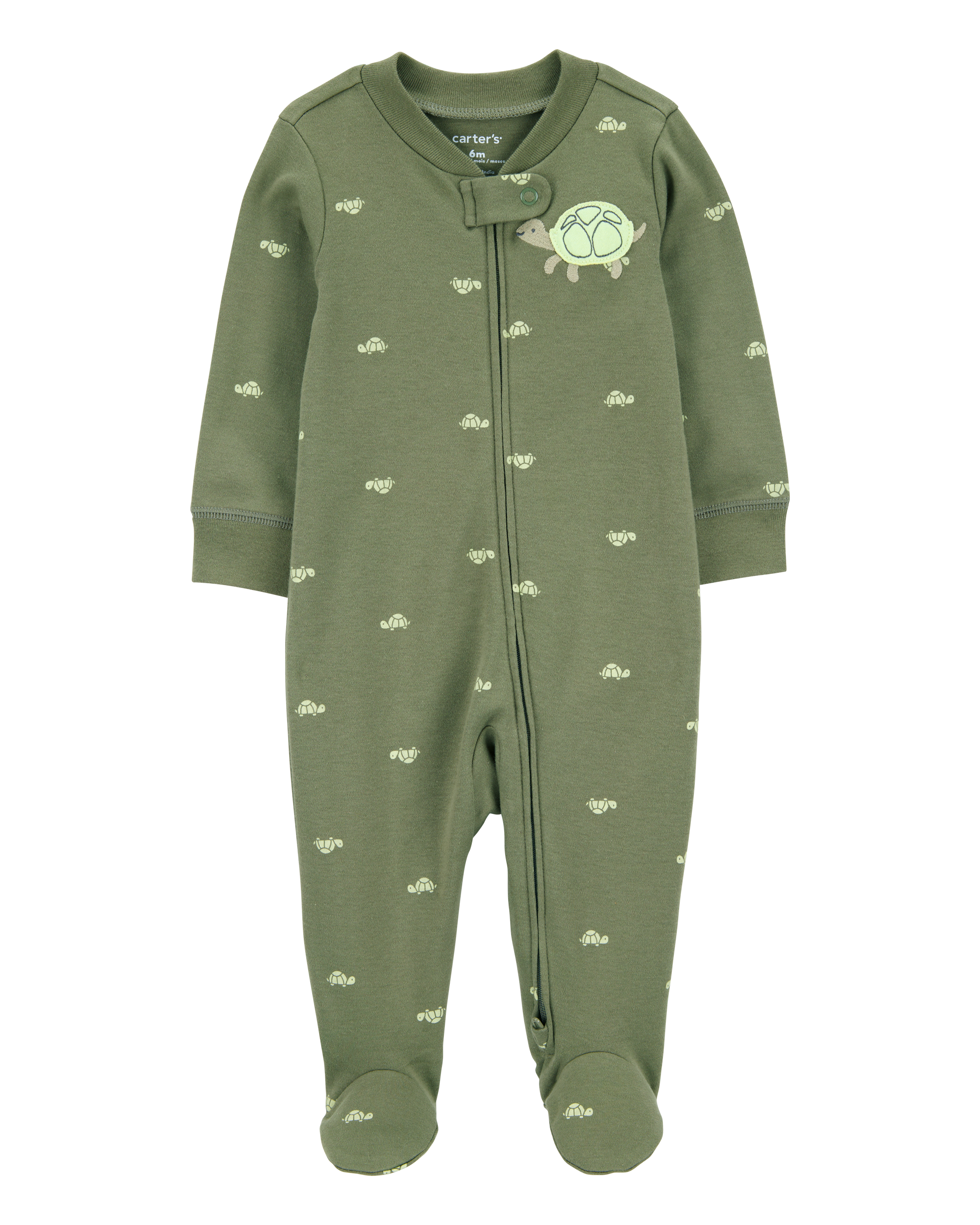 Baby Turtle Print 2-Way Zip Cotton Sleeper Pyjamas - Green