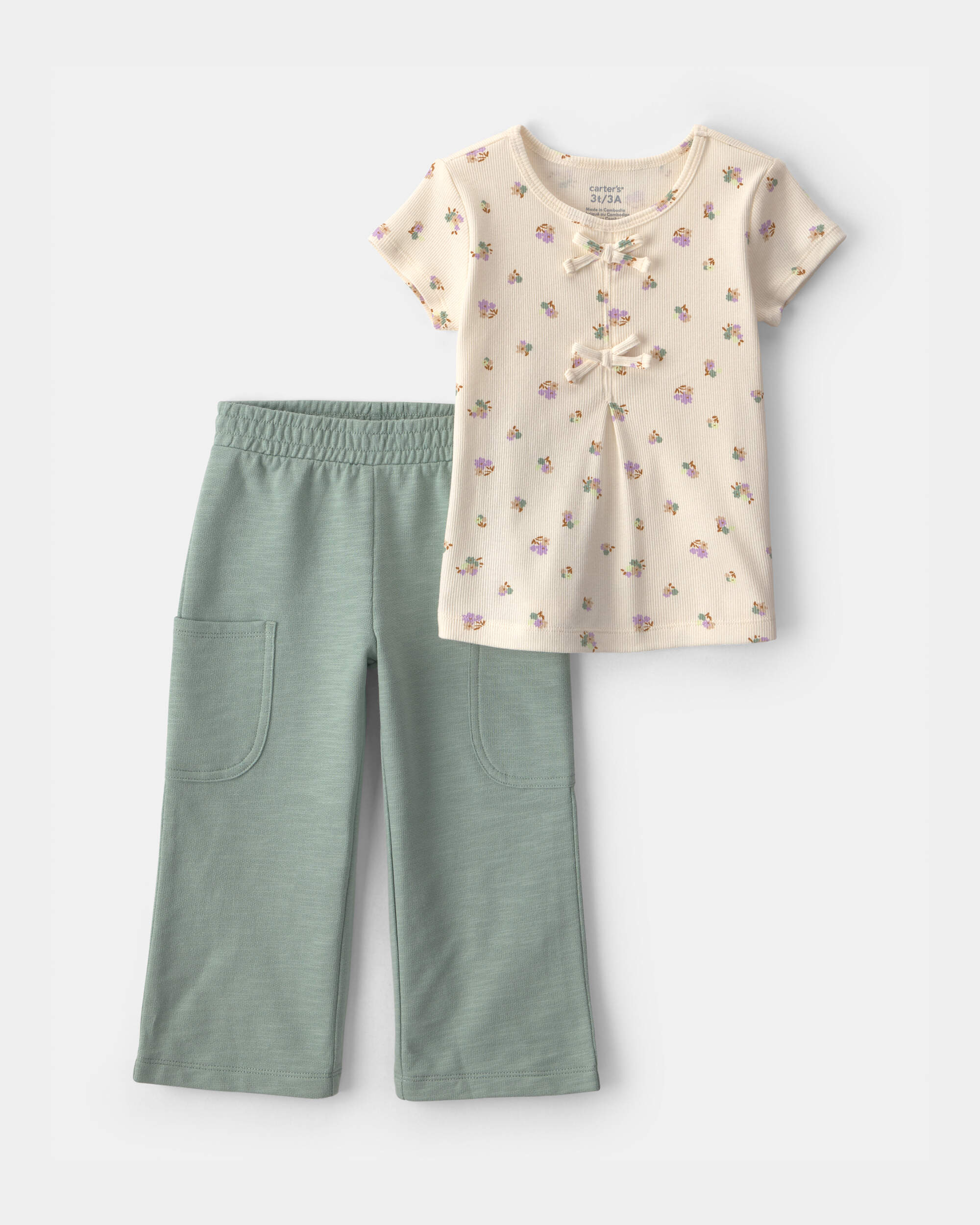Toddler Girl 2-Piece Flower Floral Short-Sleeve Top & Pant Set – Cream/Green