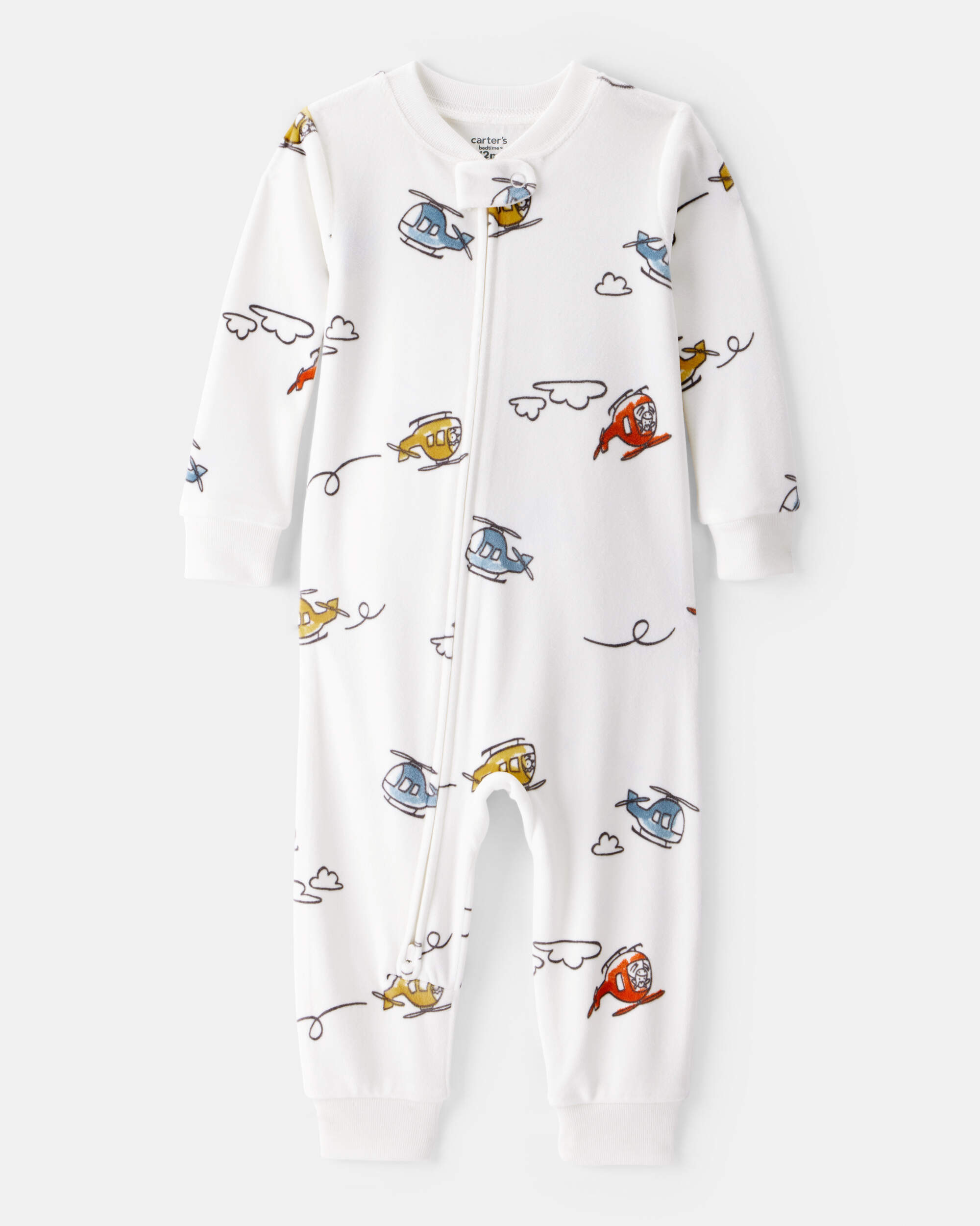 Toddler Boy Helicopter Print DreamPlush Snug Fit Long-Sleeve 2-Way Zip 1-Piece Pyjamas - White