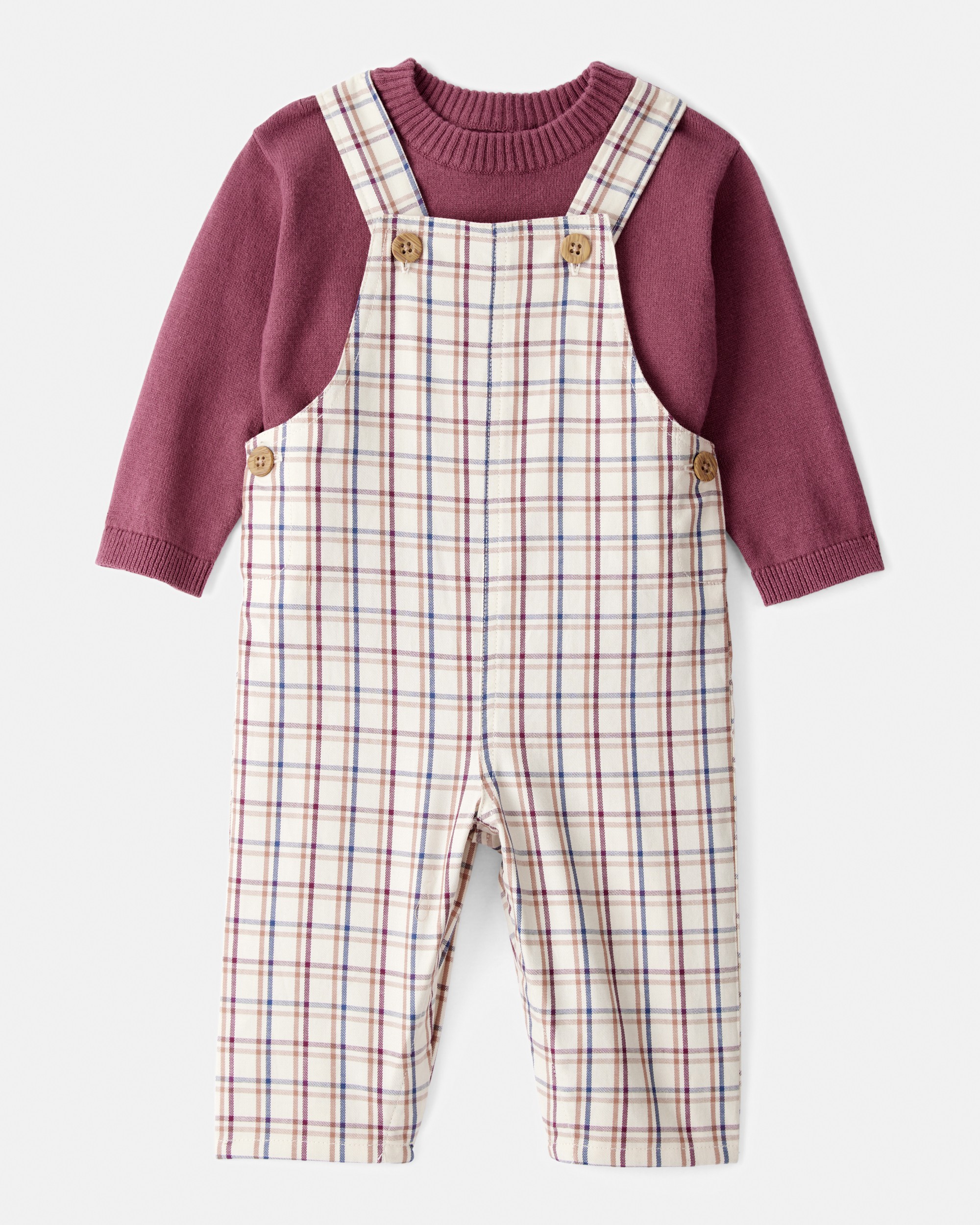 Baby Boy 2-Piece Plaid Overall Set - Maroon/Ivory
