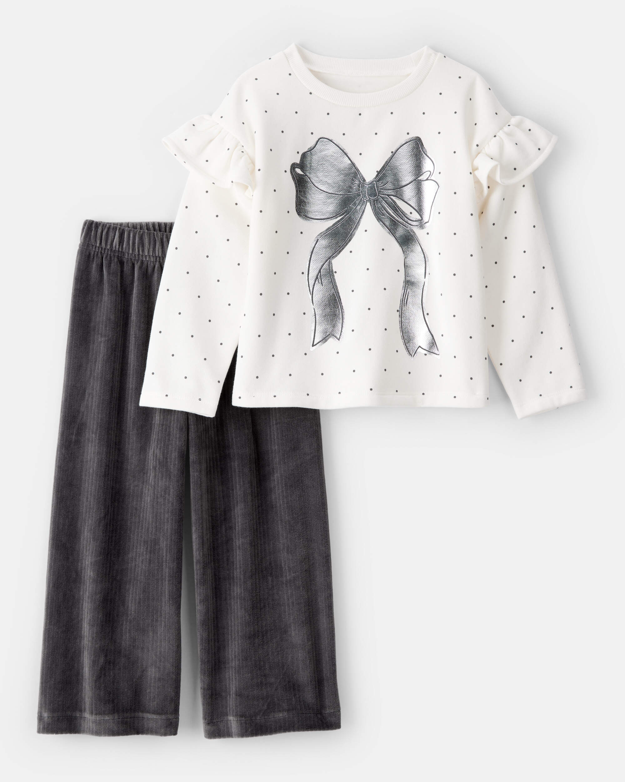 Toddler Girl DayDream Fleece Ruffle Sleeve Bow Top & Rib Pant Set
