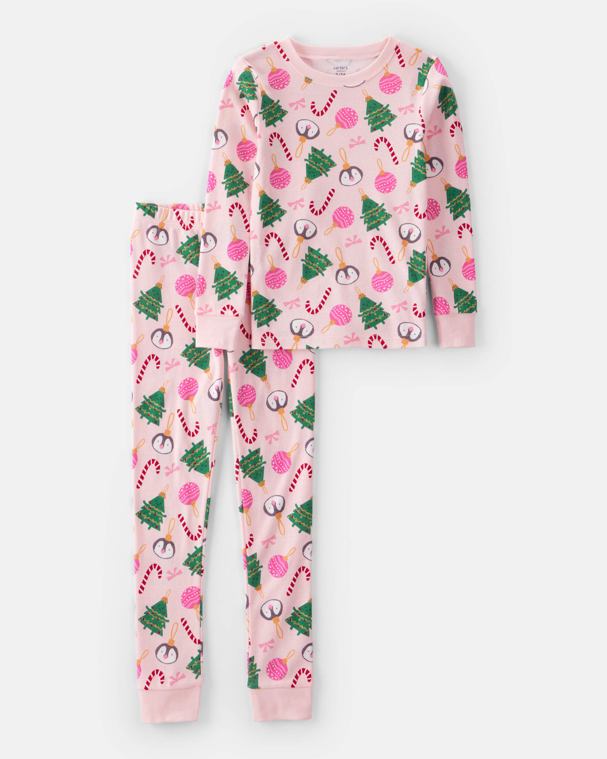 Girls Christmas Ornament Print 100% Cotton Long-Sleeve 2-Piece Pyjamas - Pink