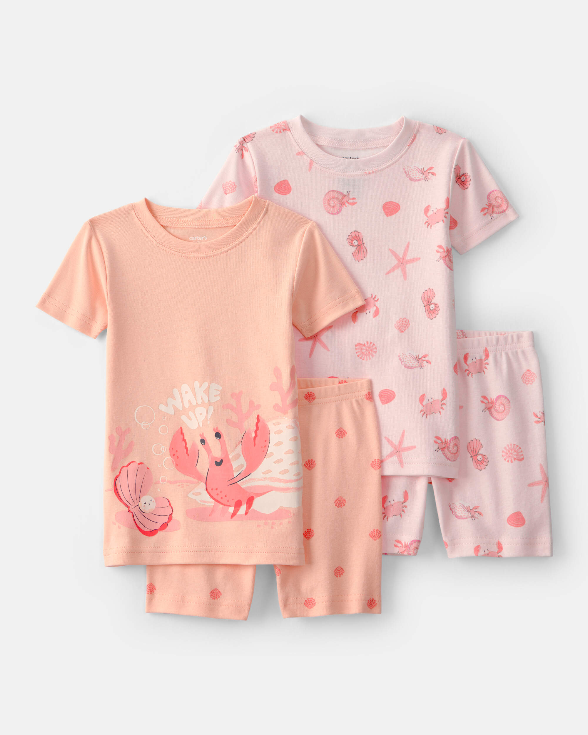 Baby Girl Seashells 100% Cotton Short-Sleeve Snug Fit 4-Piece pyjama Set - Pink/Orange