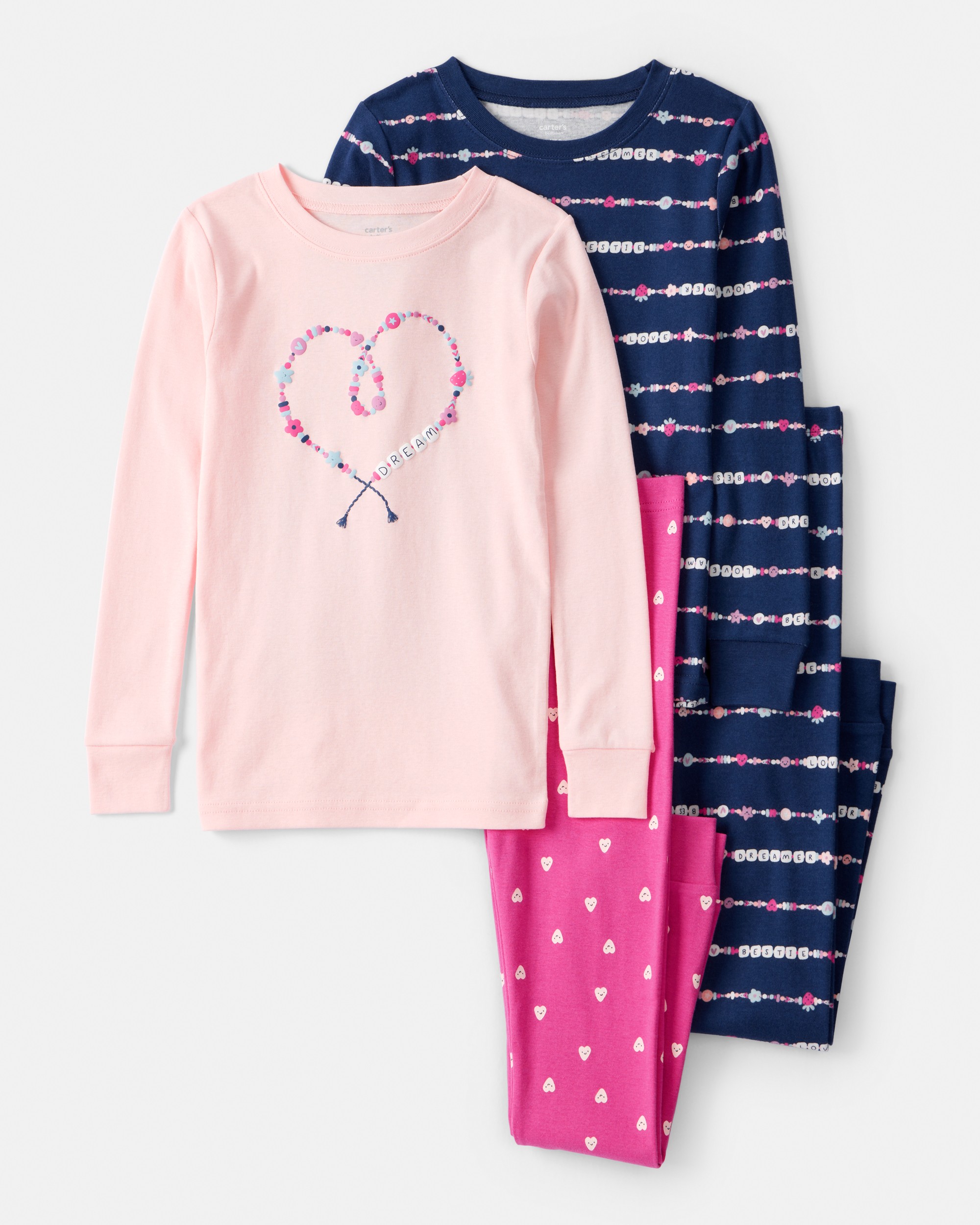 Girls Heart Print 100% Cotton Long-Sleeve Snug Fit 4-Piece Pyjamas - Navy/Pink