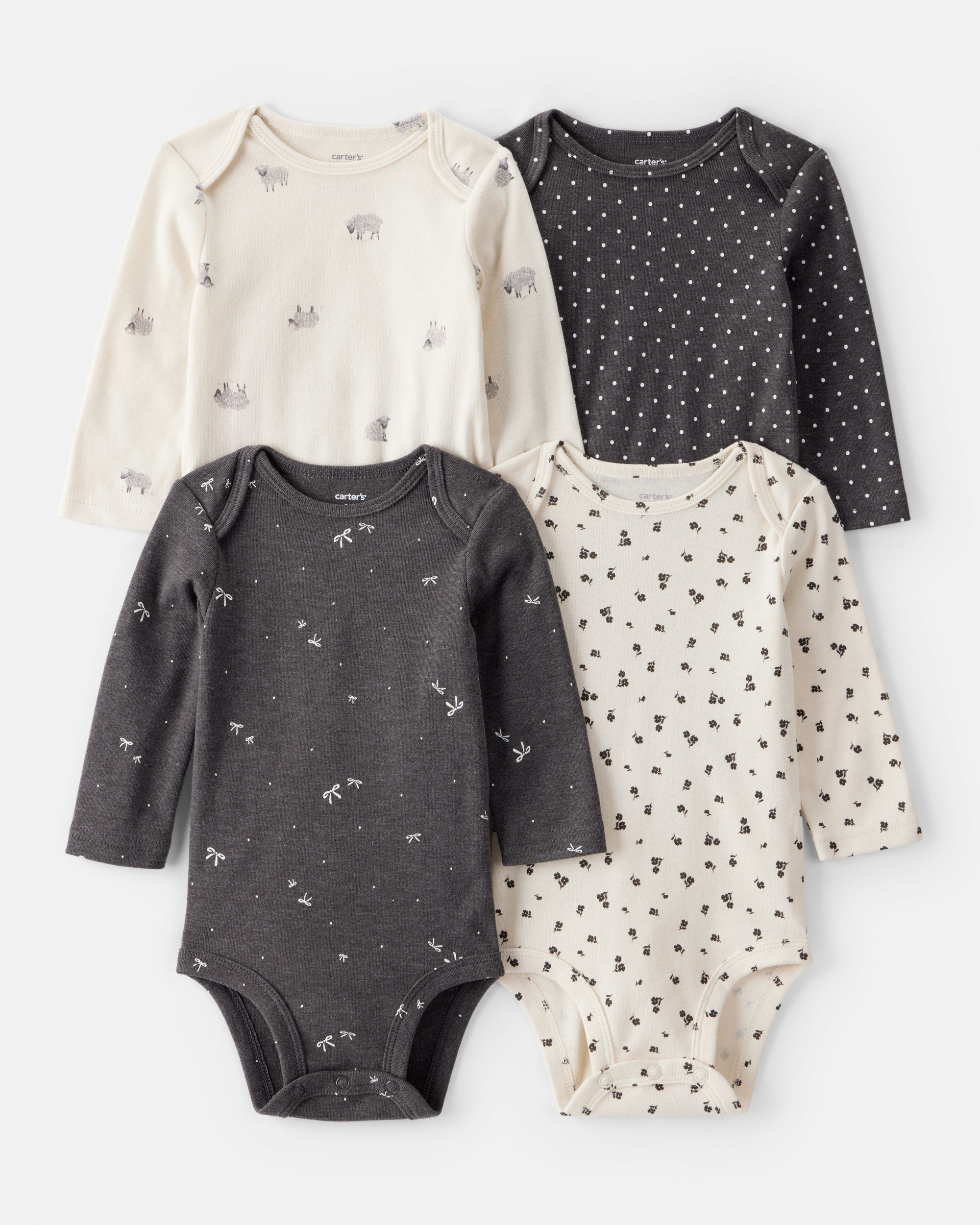 Baby Girl 4-Pack Sheep Print Long-Sleeve Multipack Bodysuits - Black/White