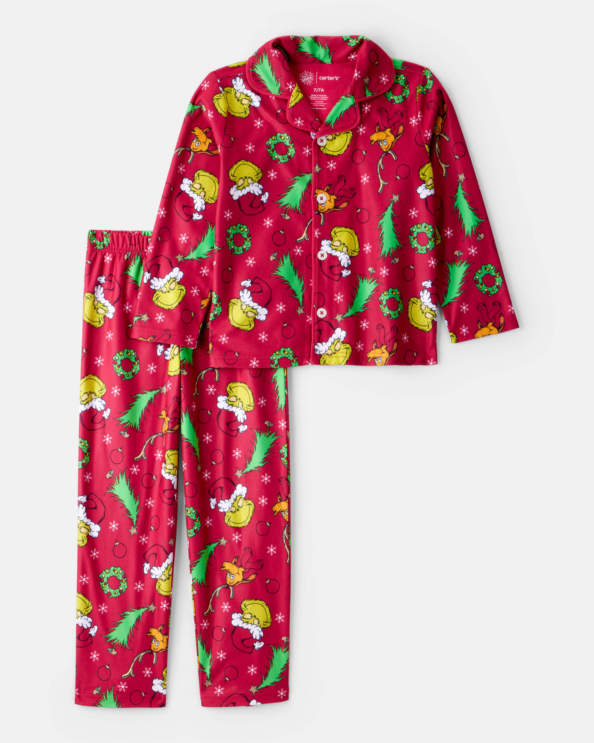 Kid Dr. Seuss™ The Grinch Print Fleece Long-Sleeve Loose Fit 2-Piece Pajamas - Red