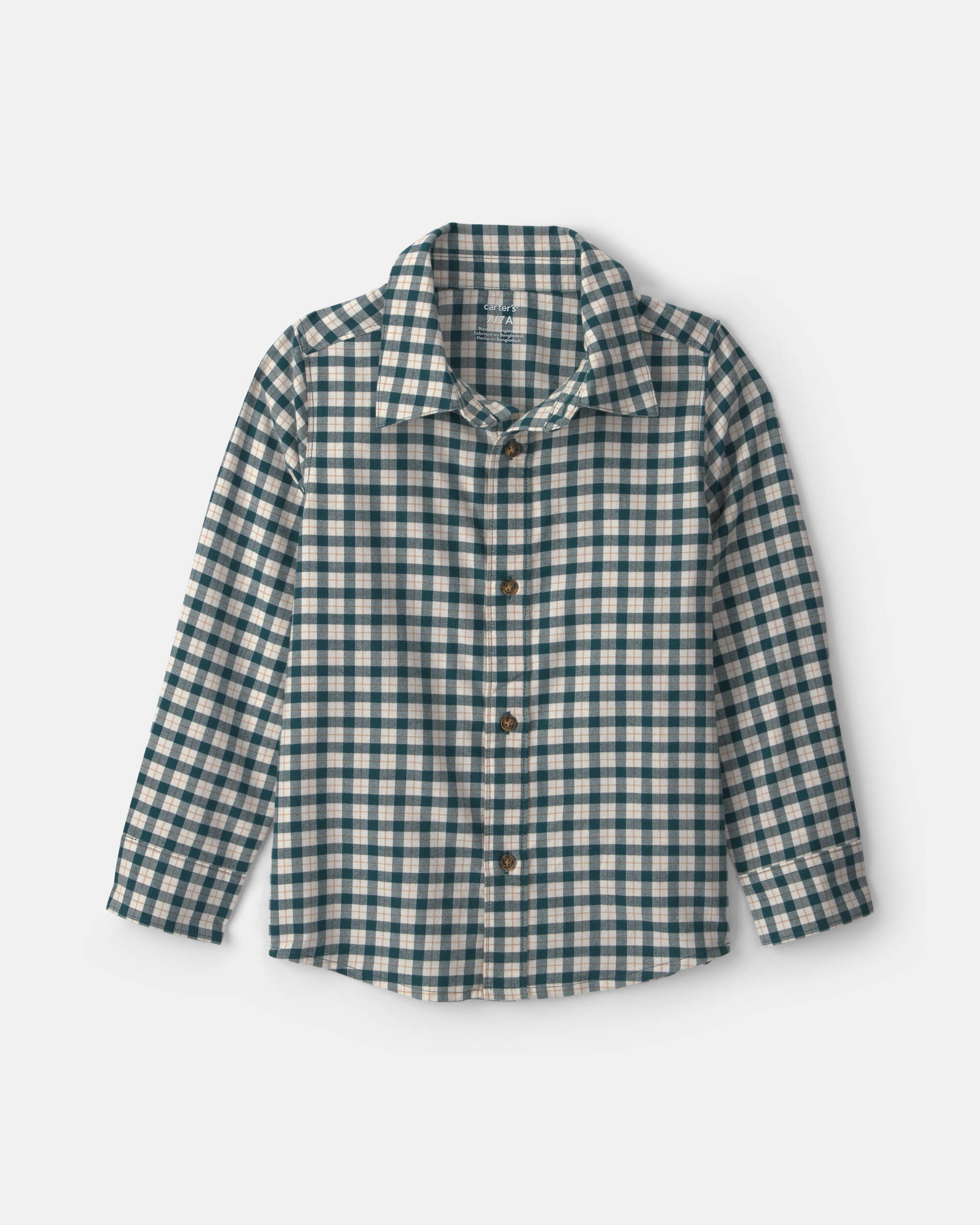 Boys Plaid Long-Sleeve Button-Down Shirt - Green/White