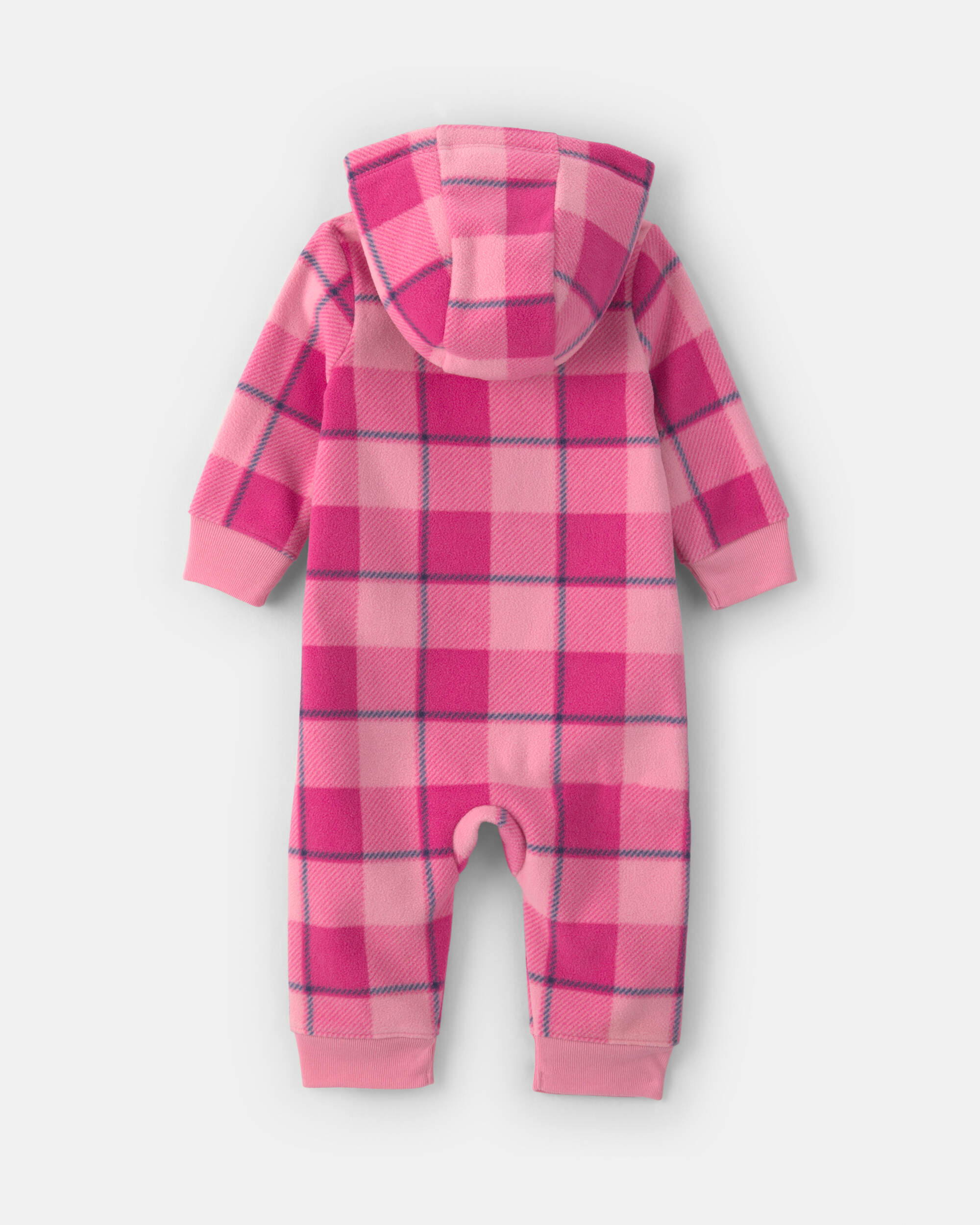 Baby Girl Buffalo Check Fleece Long-Sleeve Hooded Jumpsuit - Pink