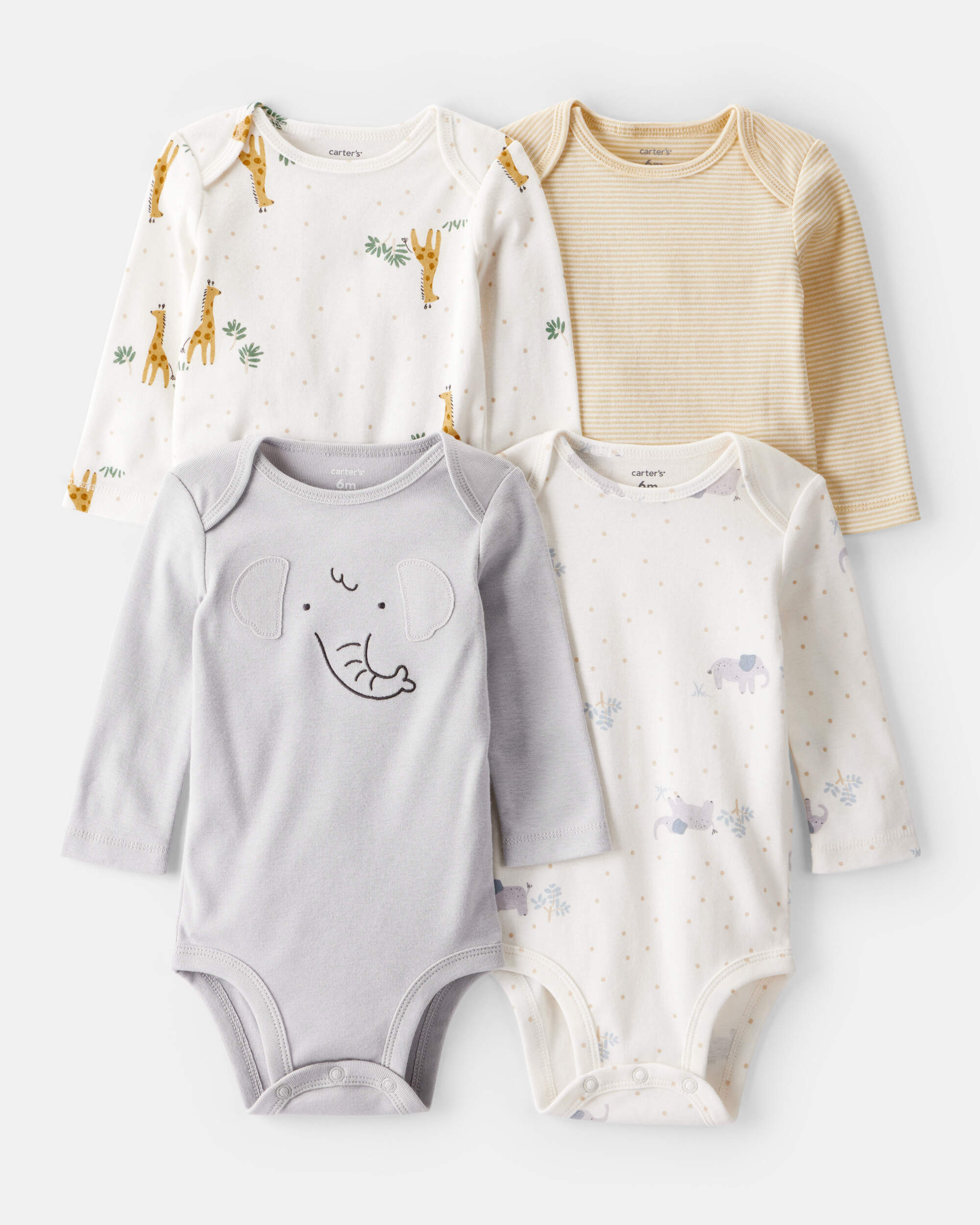 Baby 4-Pack Safari Print Cotton Long-Sleeve Multipack Bodysuits - White