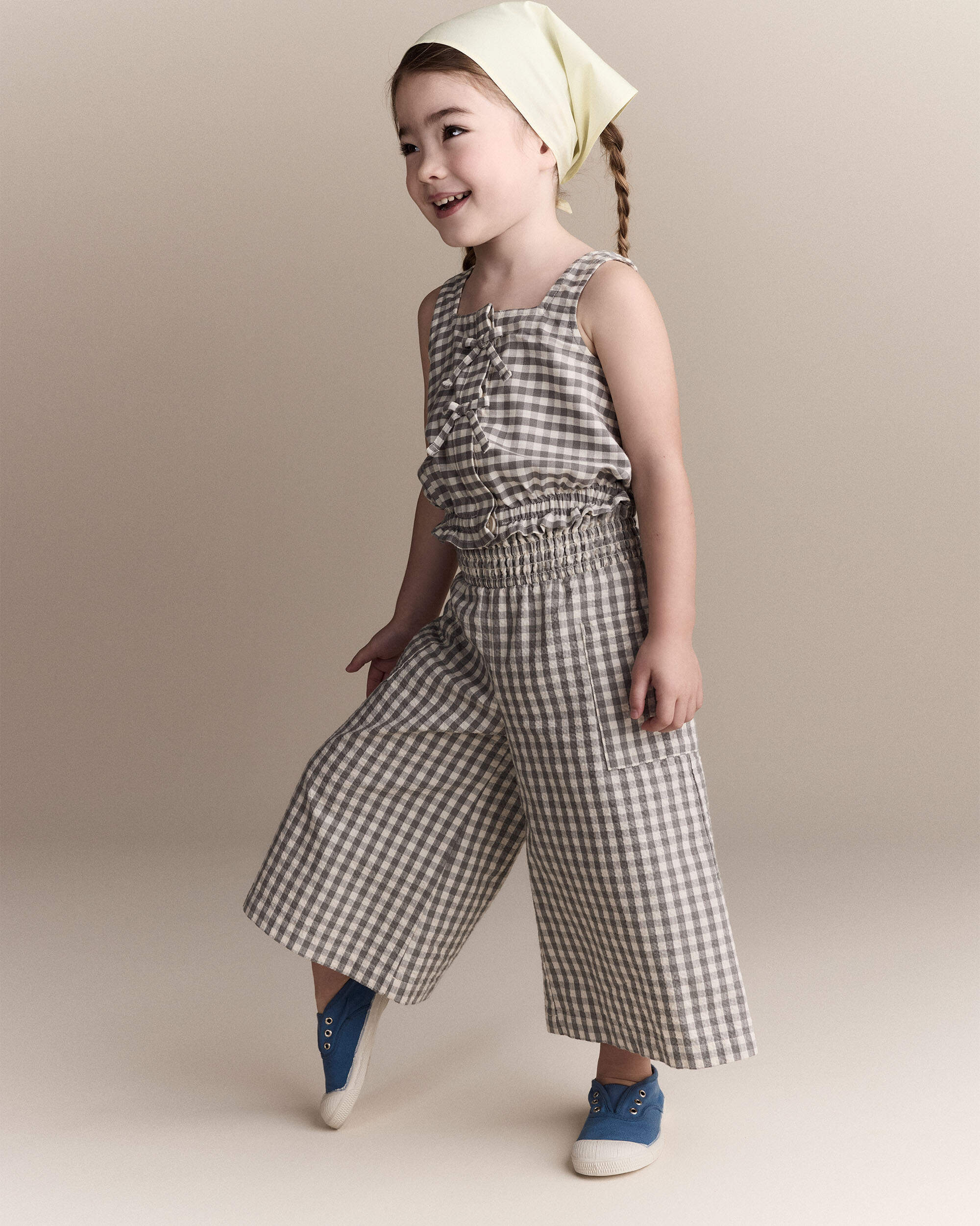 Toddler Girl Gingham Peplum Top with Bows - Cream/Grey