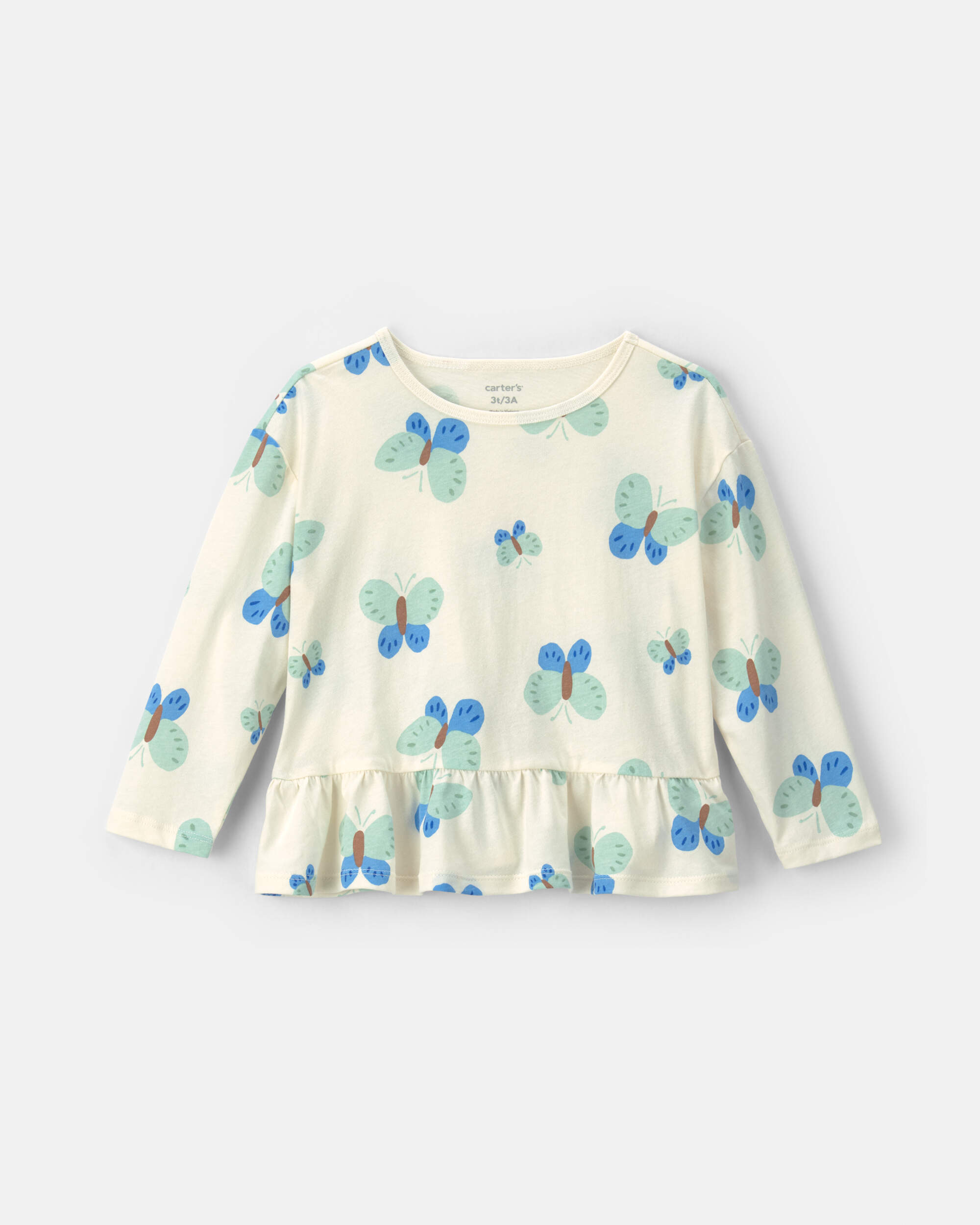 Toddler Girl Butterfly Long-Sleeve Top – White/Blue/Green