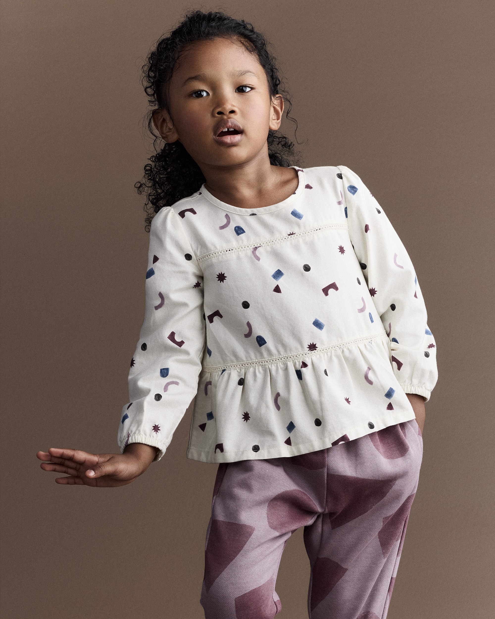 Toddler Girl Peplum Long-Sleeve Top with Shapes - Ivory