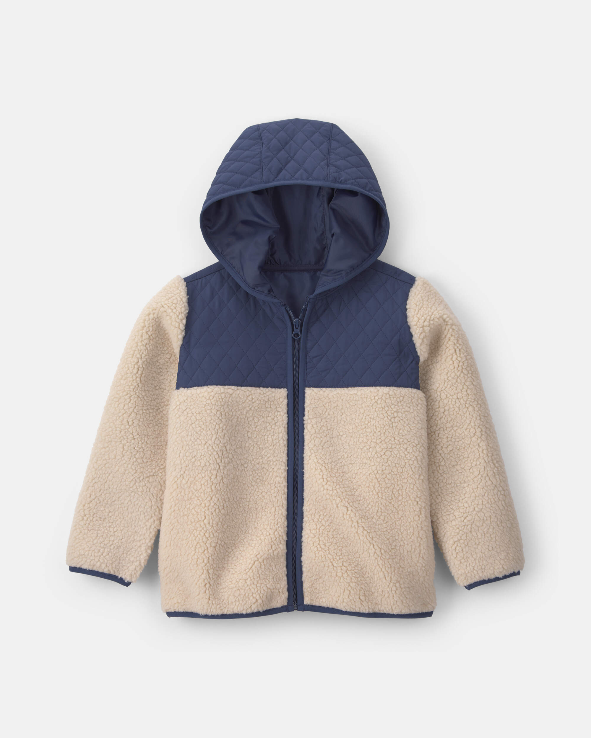 Boys Teddy Fleece Colour Block Zip-Up Hoodie - Navy Blue/Cream