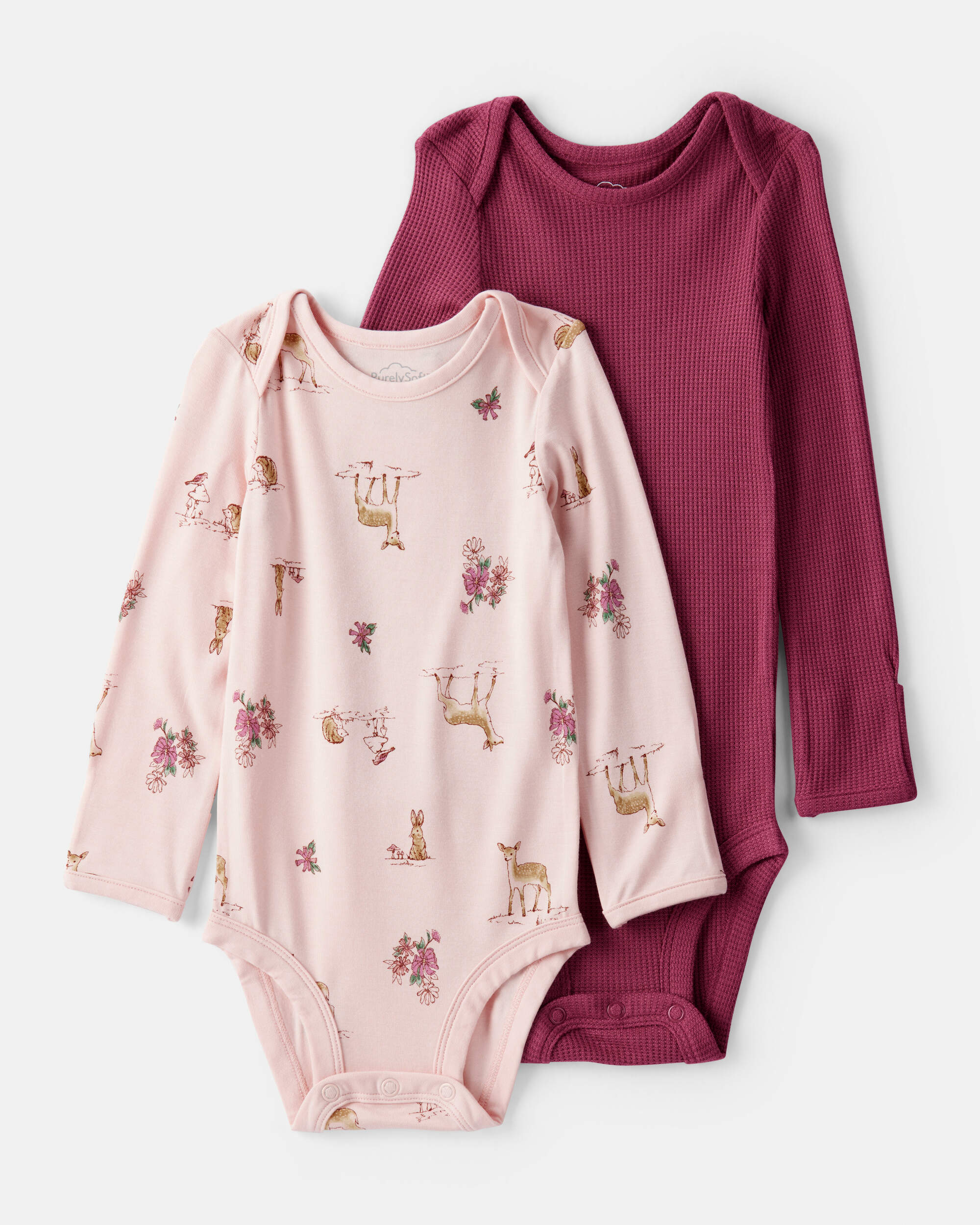 Baby Girl 2-Pack Deer & Floral Print PurelySoft Long-Sleeve Multipack Bodysuits - Red/Pink