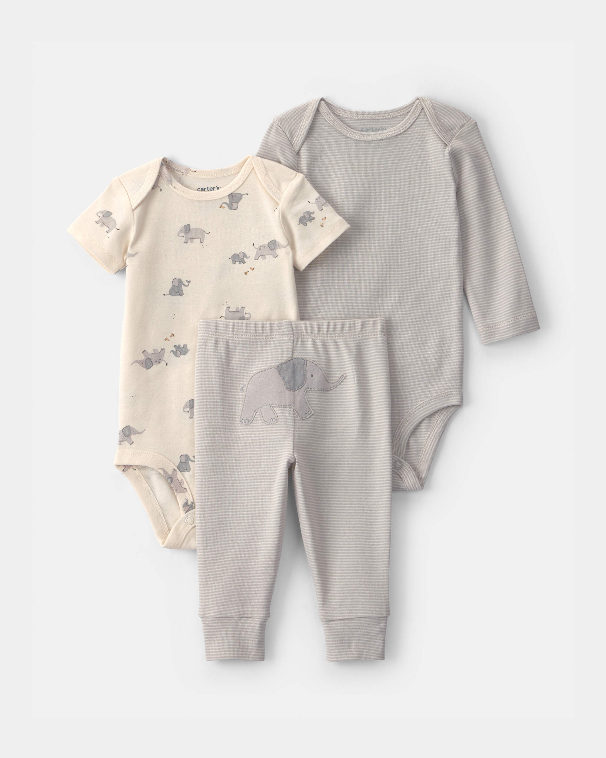 Baby Girl 3-Piece Elephant Bodysuit & Pant Set - Grey/Ivory