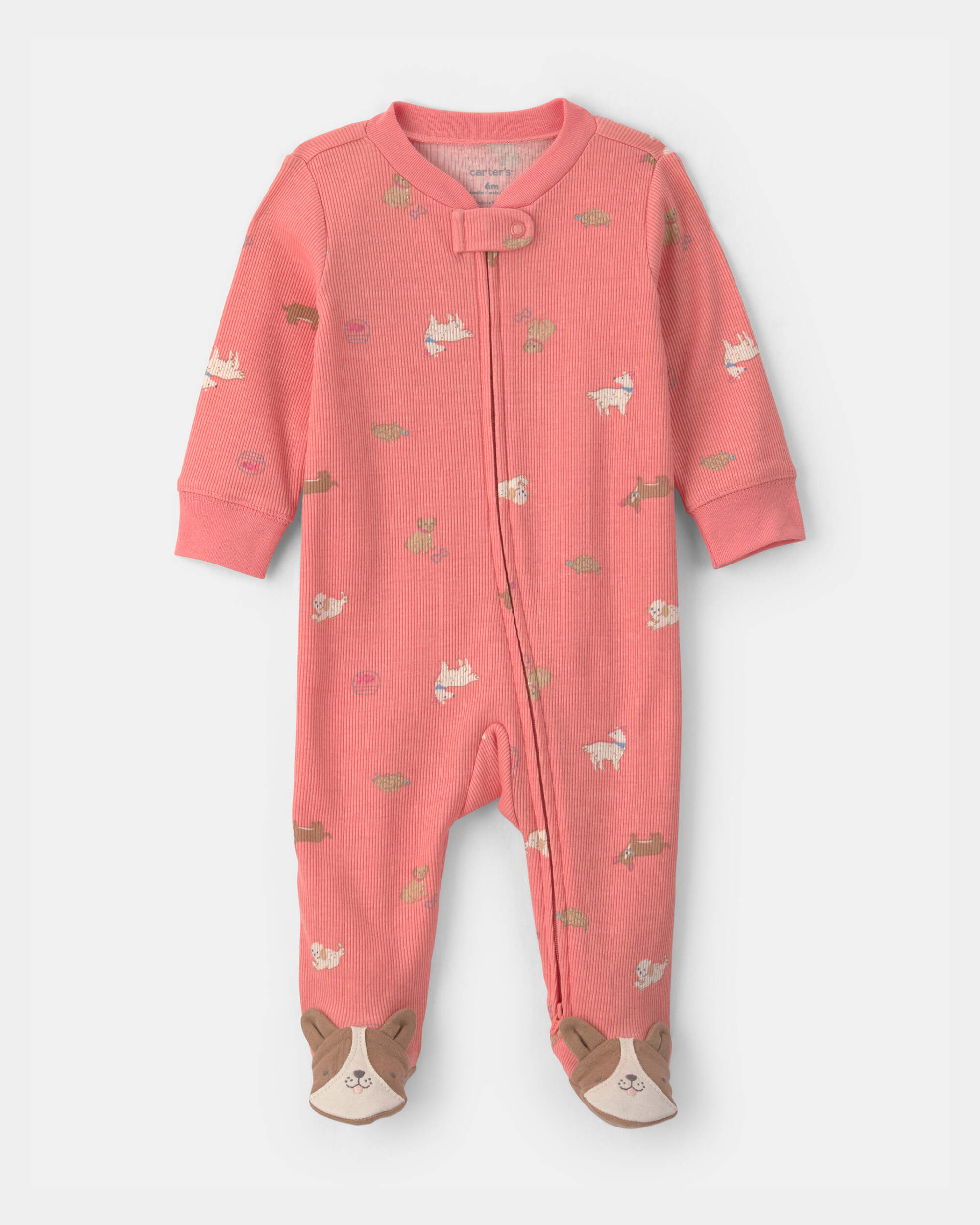 Baby Girl Dog Cotton 2-Way Zip Sleeper - Coral